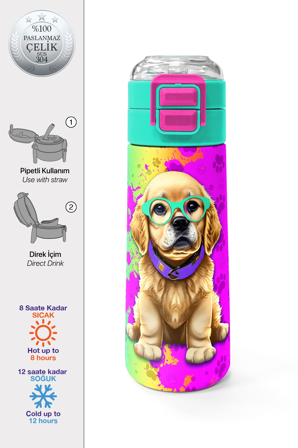 Coral High Kids Mor Pembe Köpek Desenli Pipetli ve Direkt İçim Çelik Termos 500 ml 31813
