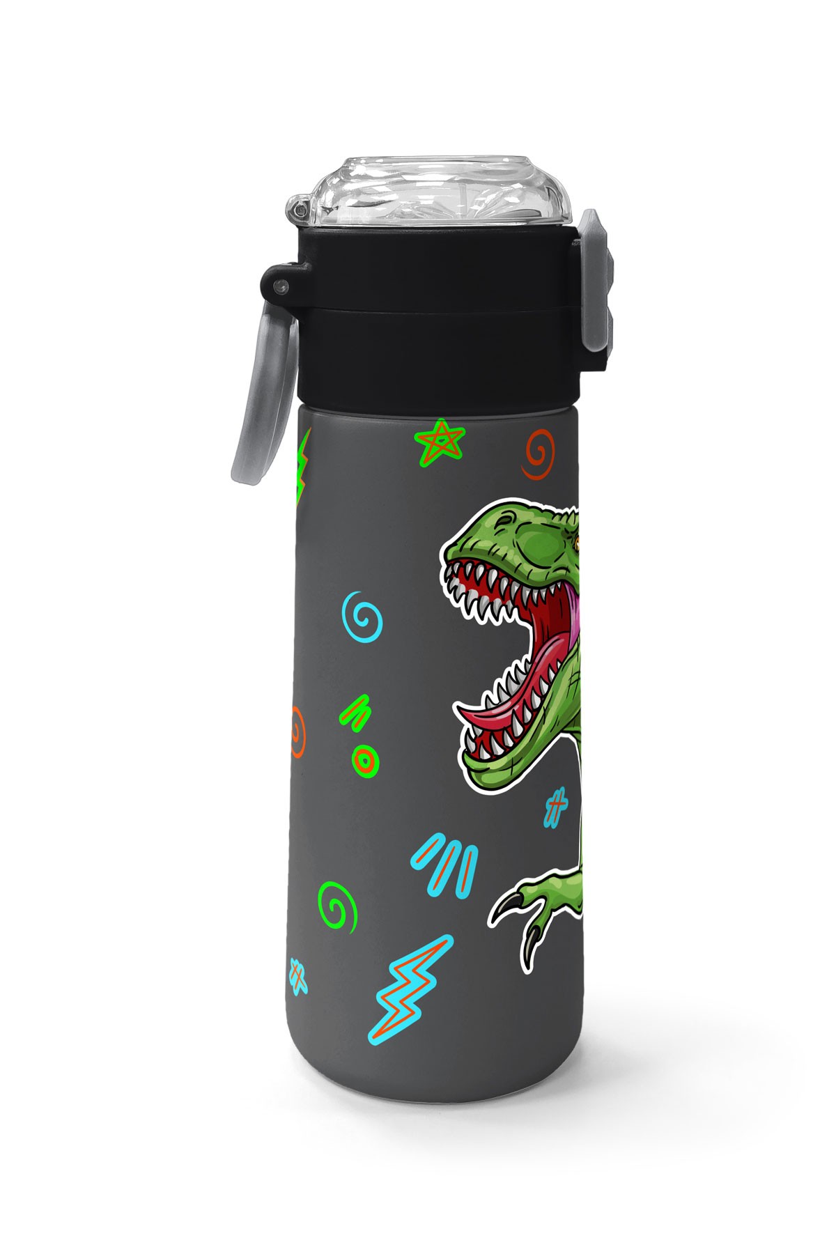 Coral High Kids Siyah Gri Dinozor Desenli Pipetli ve Direkt İçim Çelik Termos 500 ml 31946