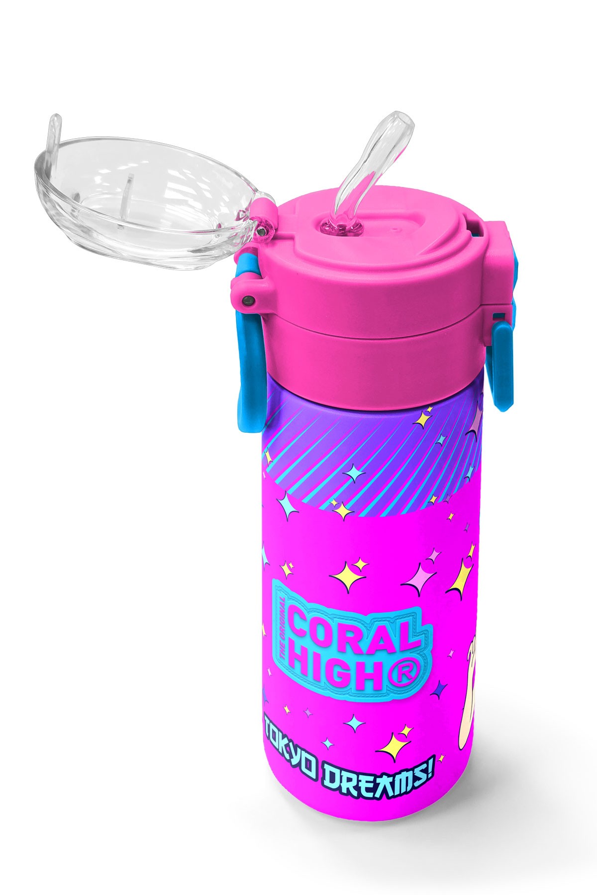 Coral High Kids Mor Pembe Mavi K-PopDesenli Pipetli ve Direkt İçim Çelik Termos 500 ml 31831