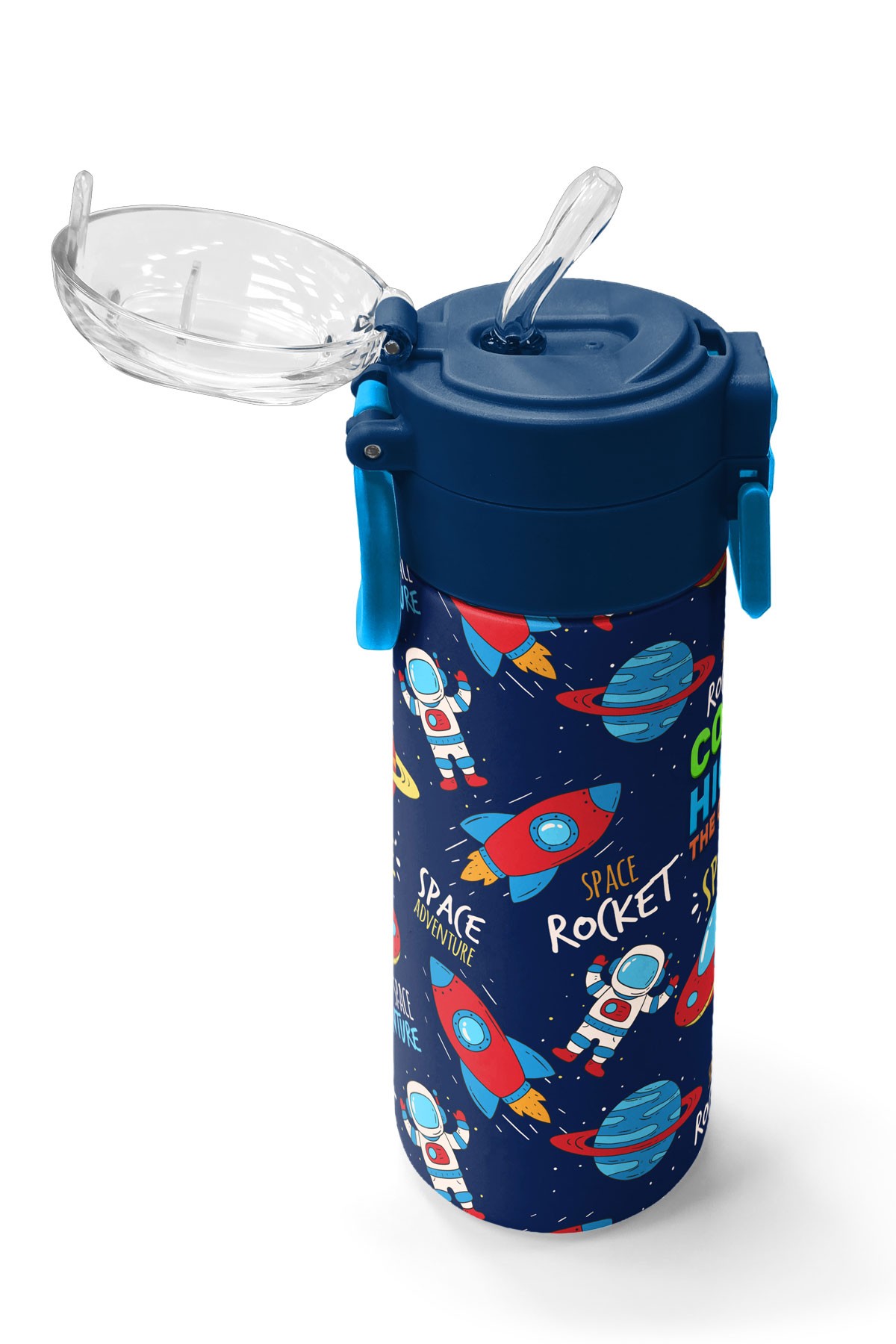 Coral High Kids Lacivert Mavi Uzay Desenli Pipetli ve Direkt İçim Çelik Termos 500 ml 31917