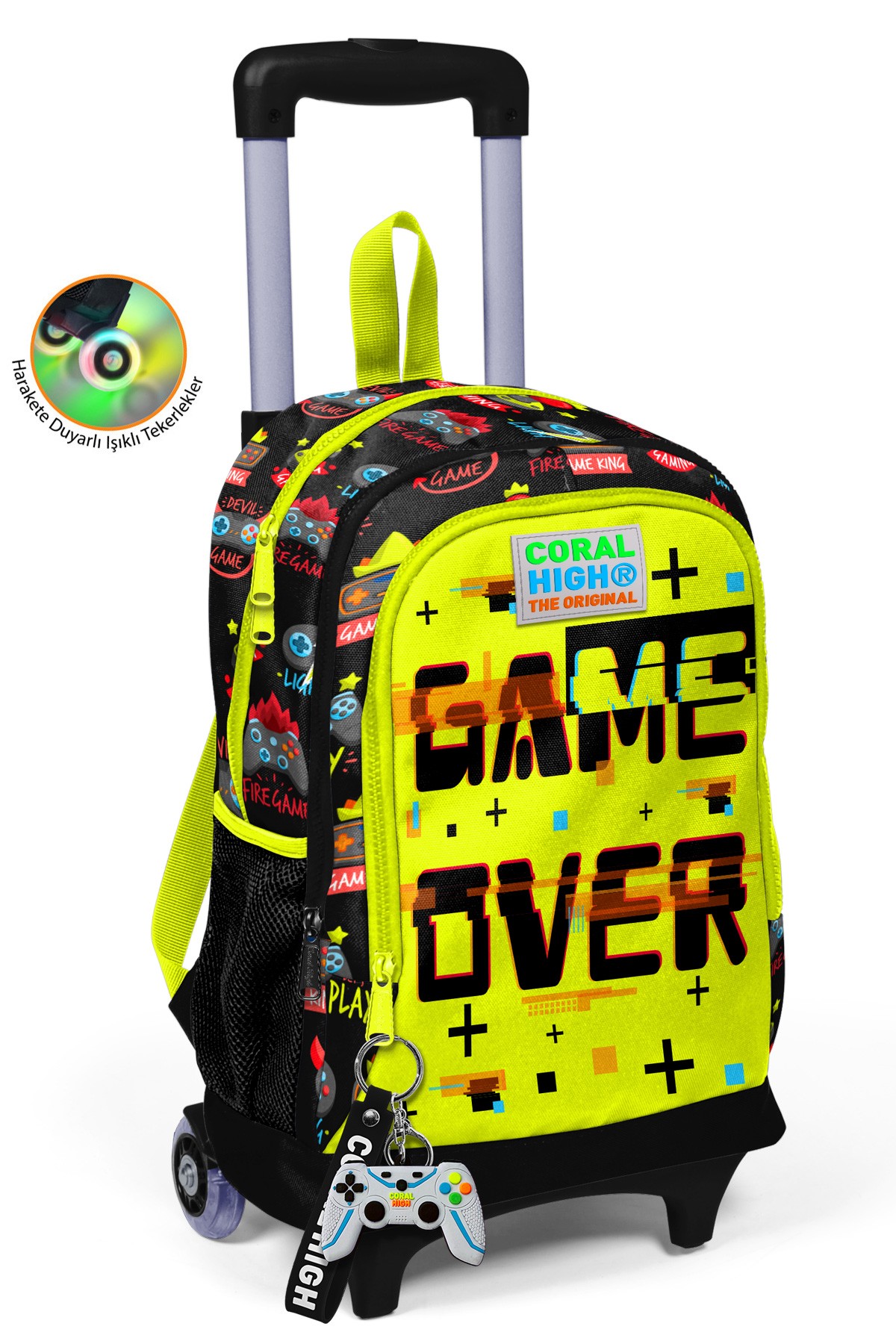 Coral High Kids Siyah Neon Sarı Game Over Desenli Üç Bölmeli Çekçekli Okul Sırt Çantası 23928