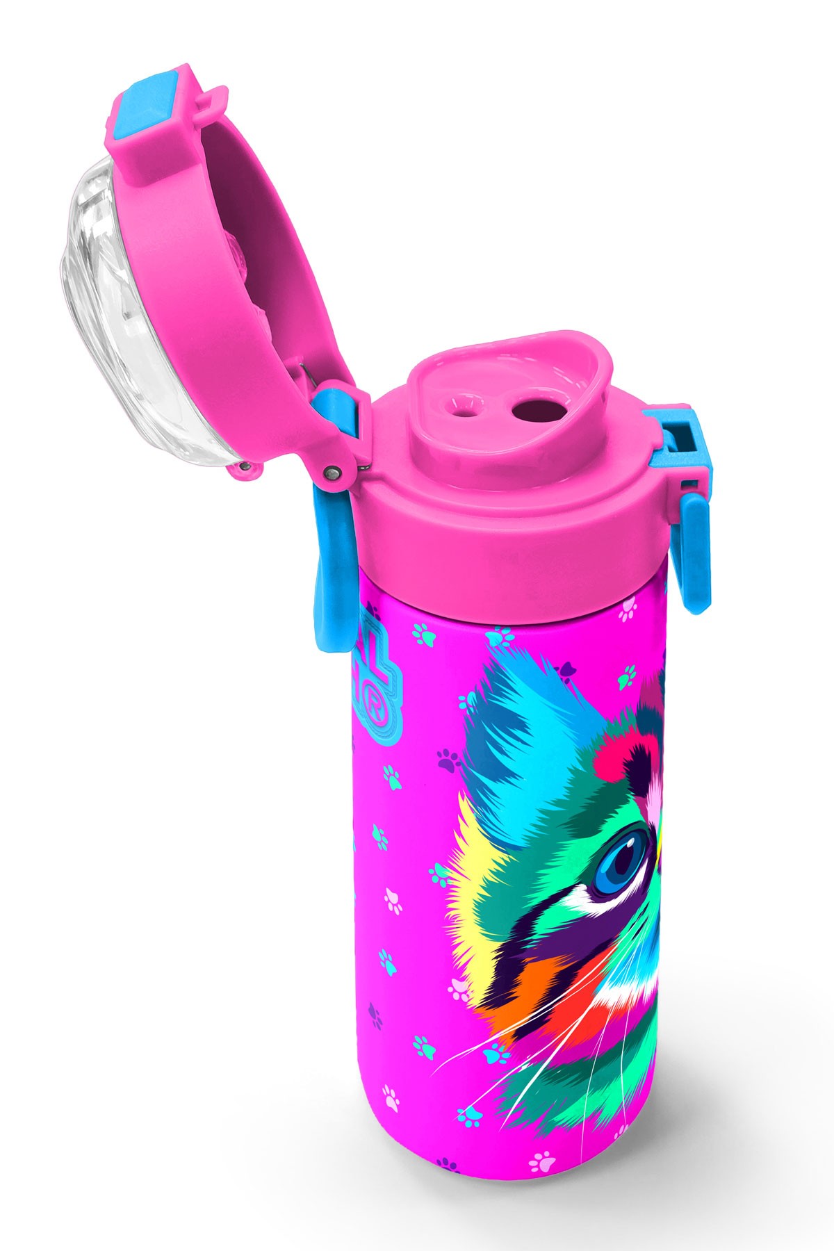 Coral High Kids Mor Pembe Kedi Desenli Pipetli ve Direkt İçim Çelik Termos 500 ml 31800