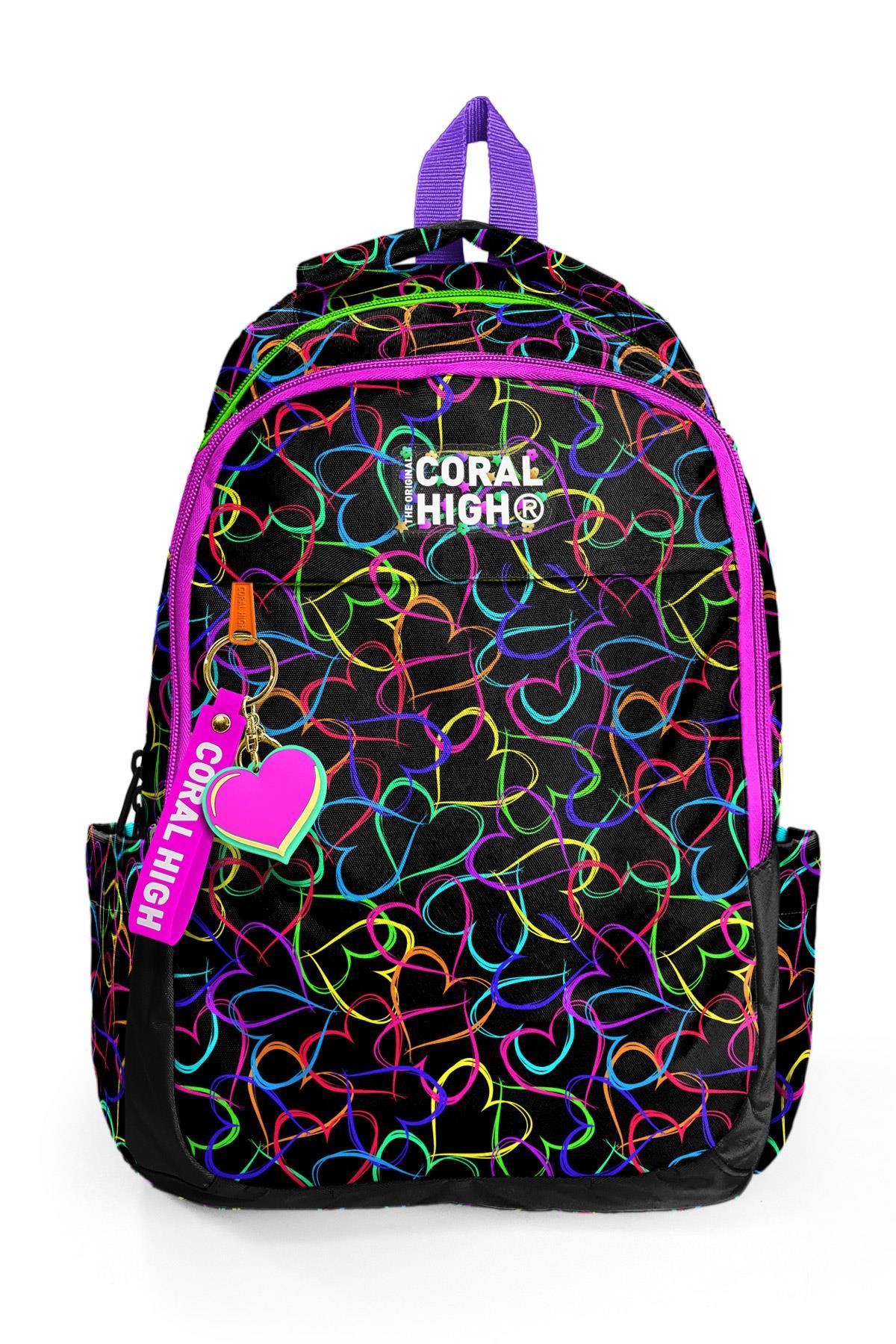 Coral High Kids Çok Renkli Kalp Desenli Üç Bölmeli Okul Sırt Çantası 23670