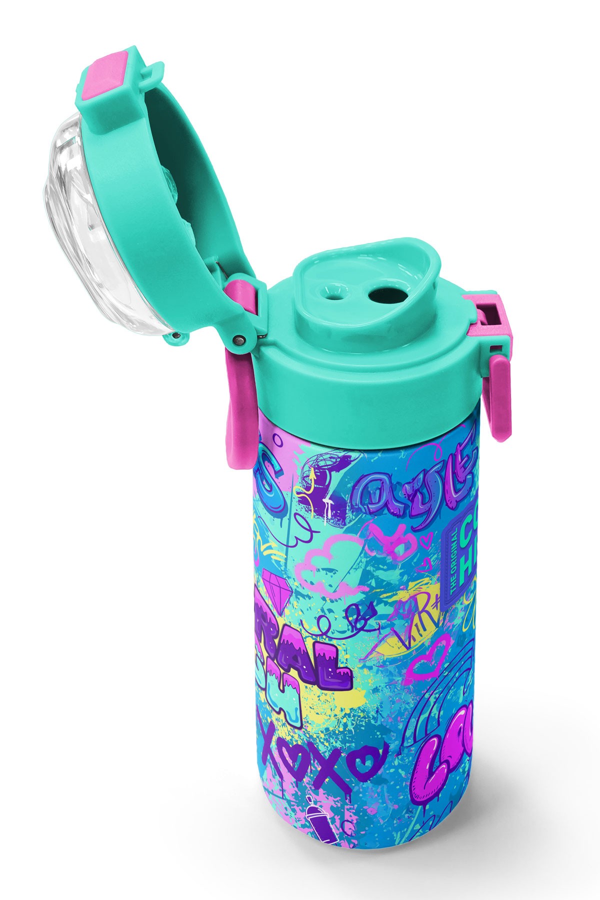 Coral High Kids Lavanta Su Yeşili Grafiti Desenli Pipetli ve Direkt İçim Çelik Termos 500 ml 31971