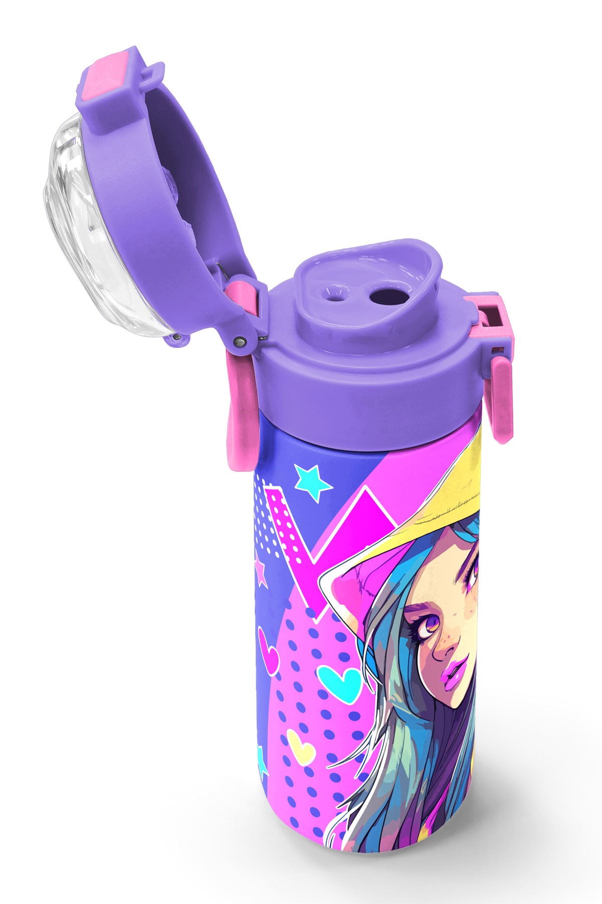 Coral High Kids Lavanta Turkuaz Kulaklı Kız Desenli Pipetli ve Direkt İçim Çelik Termos 500 ml 31835