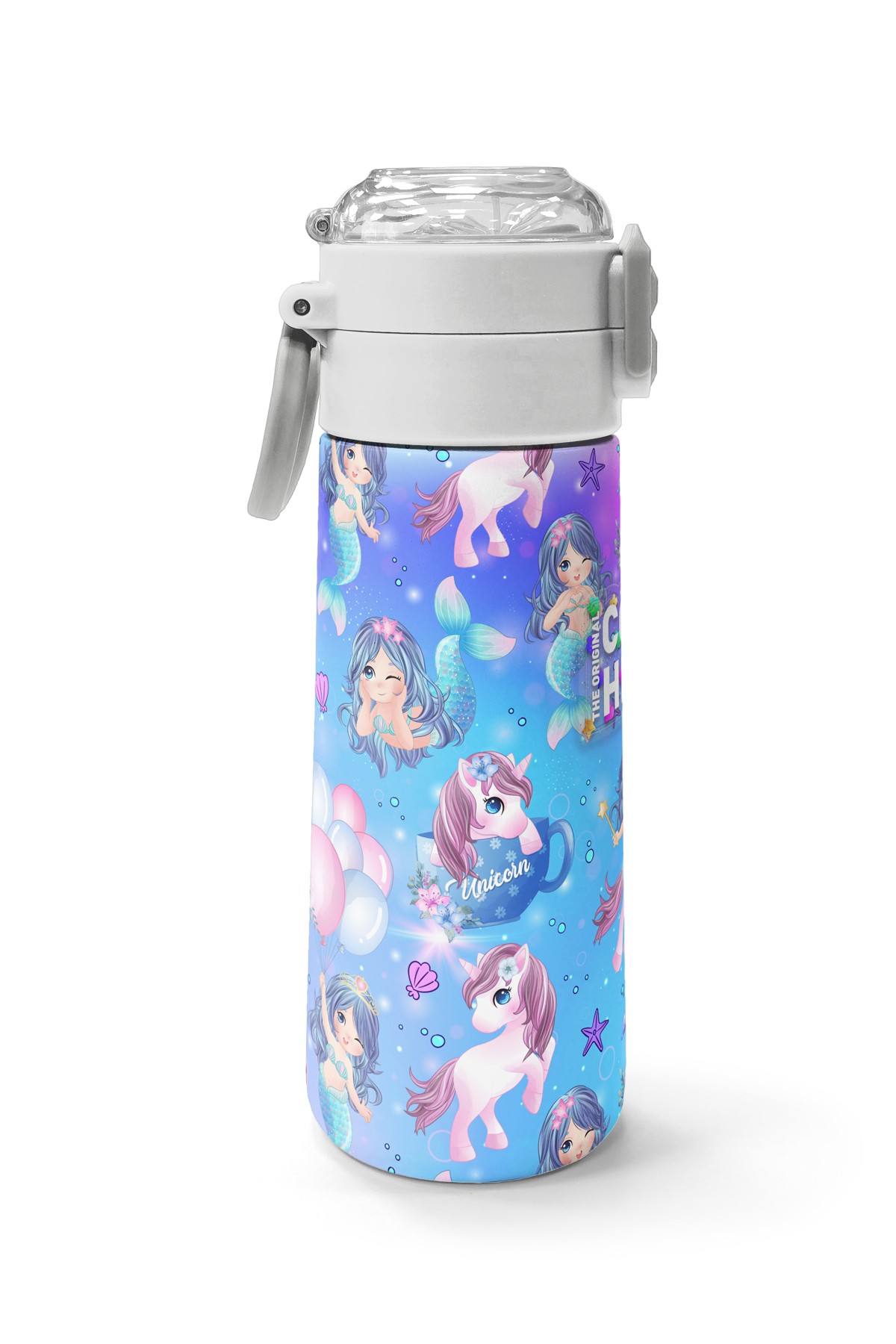Coral High Kids Mor Pembe Unicorn Deniz Kızı Desenli Pipetli ve Direkt İçim Çelik Termos 500 ml 31982