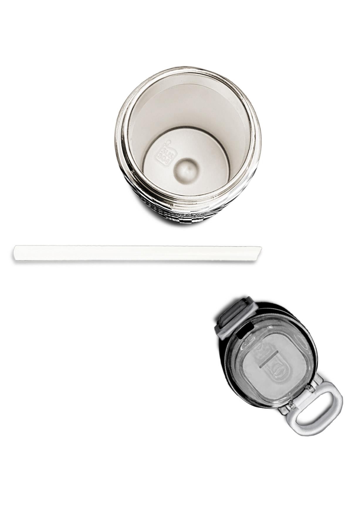 Coral High Kids Siyah Beyaz Dama Desenli Pipetli ve Direkt İçim Çelik Termos 500 ml 31877