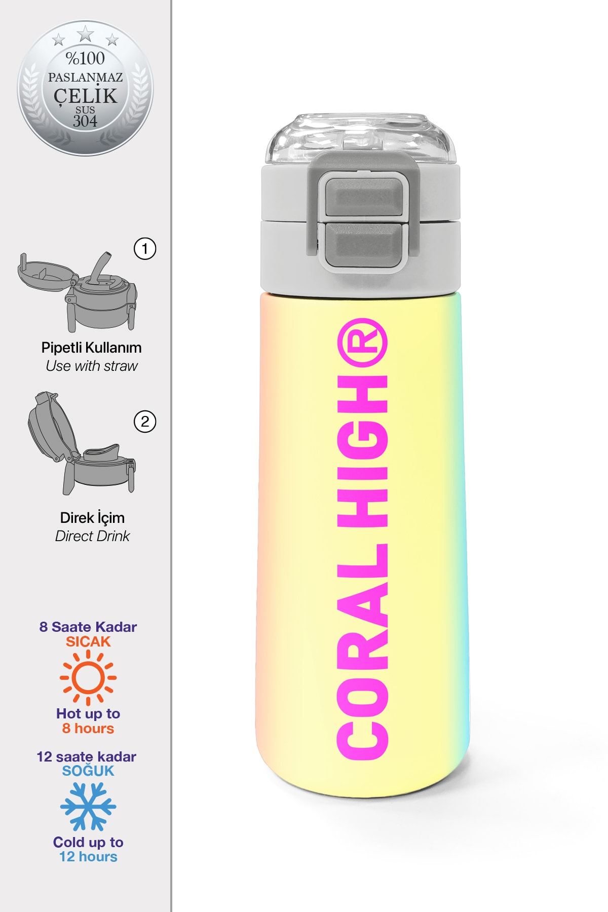 Coral High Kids Renk Geçişli Pipetli ve Direkt İçim Çelik Termos 500 ml 31868