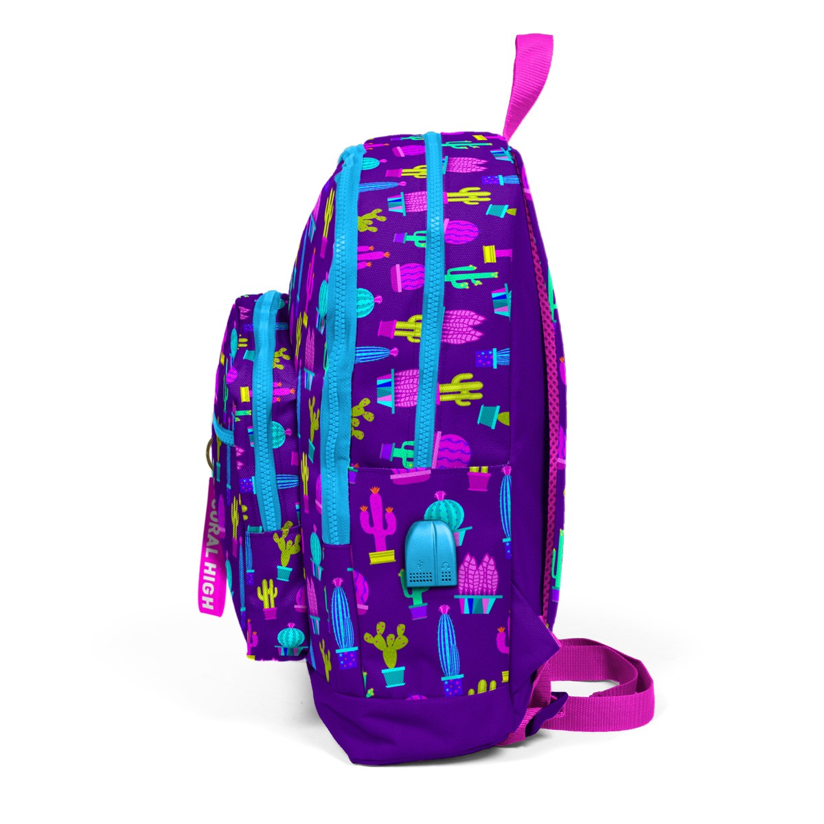 Coral High Kids Mor Pembe Kaktüs Desenli Dört Bölmeli USB'li Okul Sırt Çantası 23273