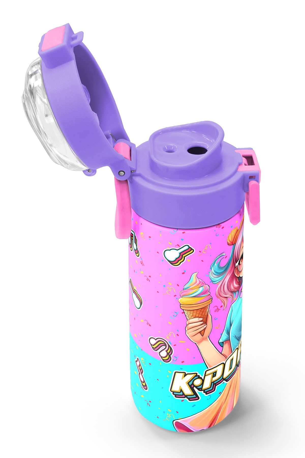 Coral High Kids Pembe Turkuaz K-Pop Desenli Pipetli ve Direkt İçim Çelik Termos 500 ml 31865