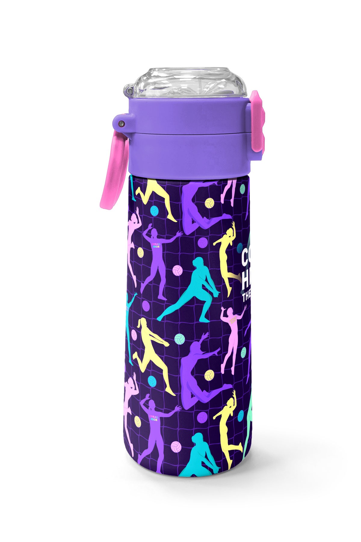 Coral High Kids Mor Voleybol Desenli Pipetli ve Direkt İçim Çelik Termos 500 ml 31849