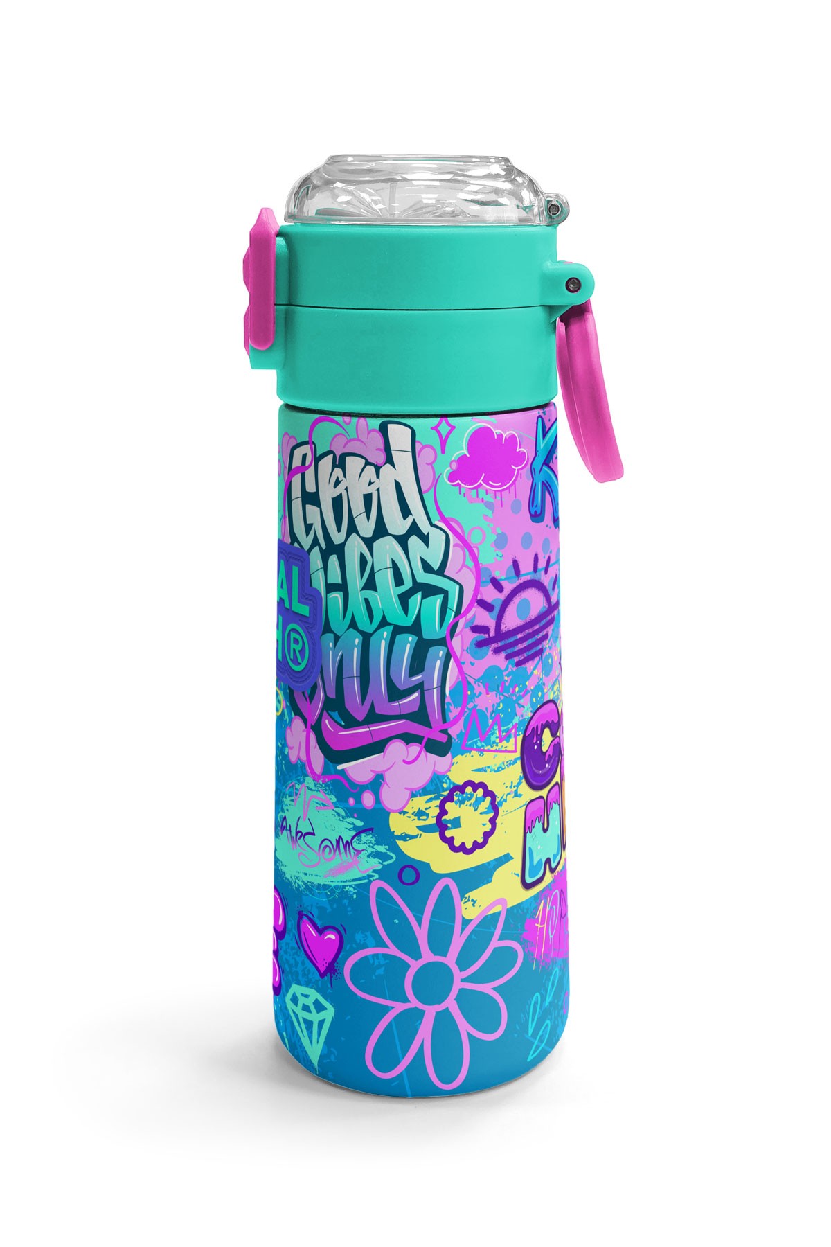 Coral High Kids Lavanta Su Yeşili Grafiti Desenli Pipetli ve Direkt İçim Çelik Termos 500 ml 31971