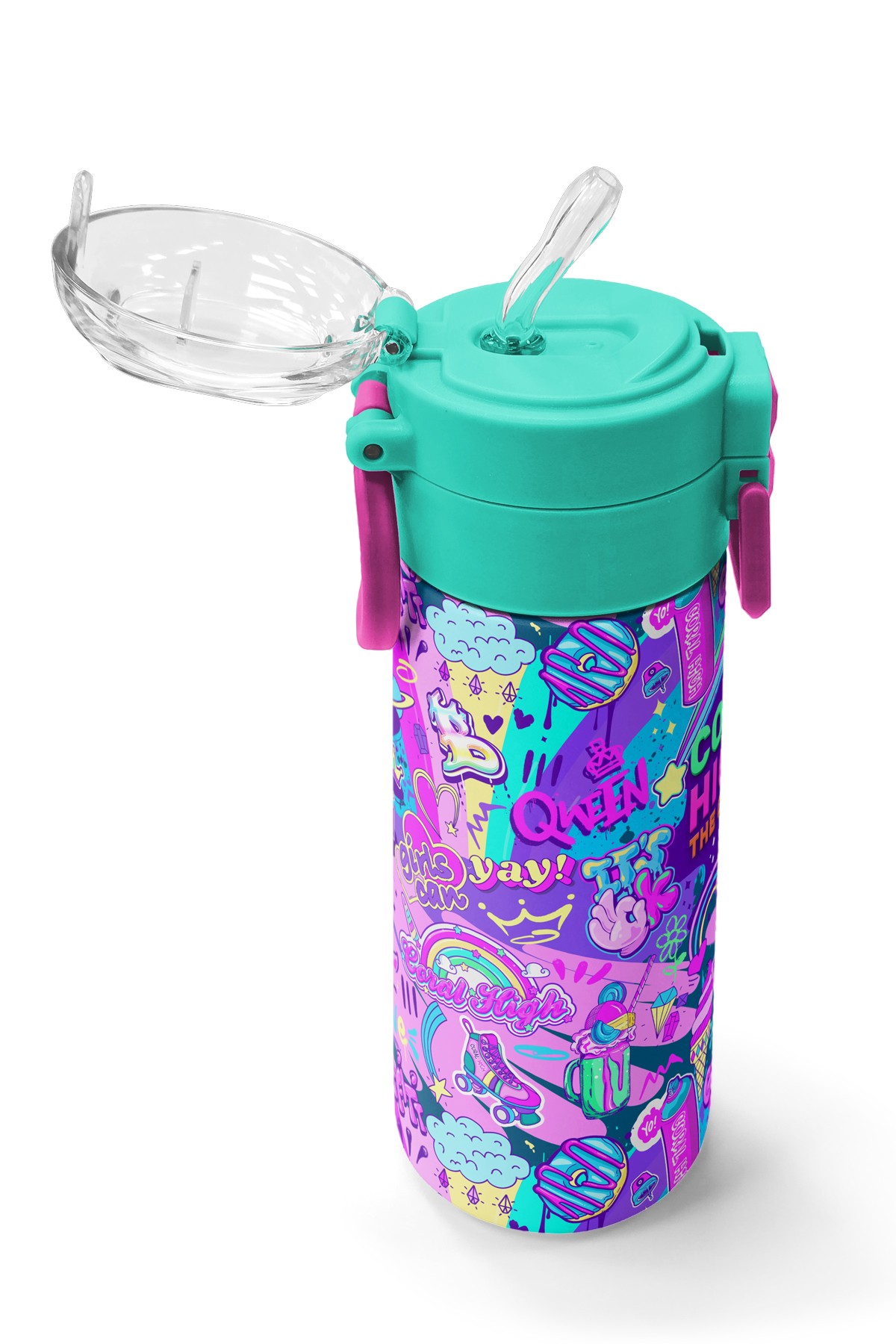 Coral High Kids Pembe Mor Voleybol Desenli Pipetli ve Direkt İçim Çelik Termos 500 ml 31962