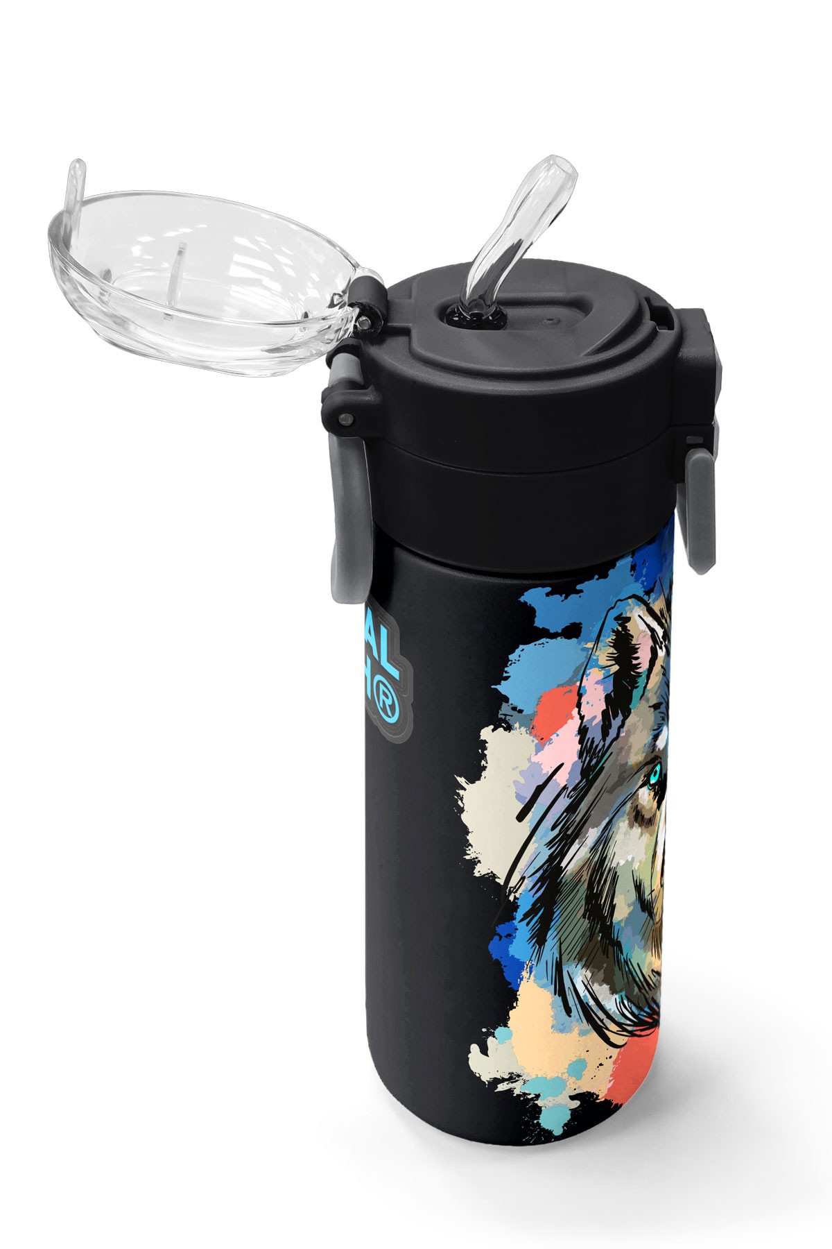 Coral High Kids Gri Siyah Kurt Desenli Pipetli ve Direkt İçim Çelik Termos 500 ml 31832