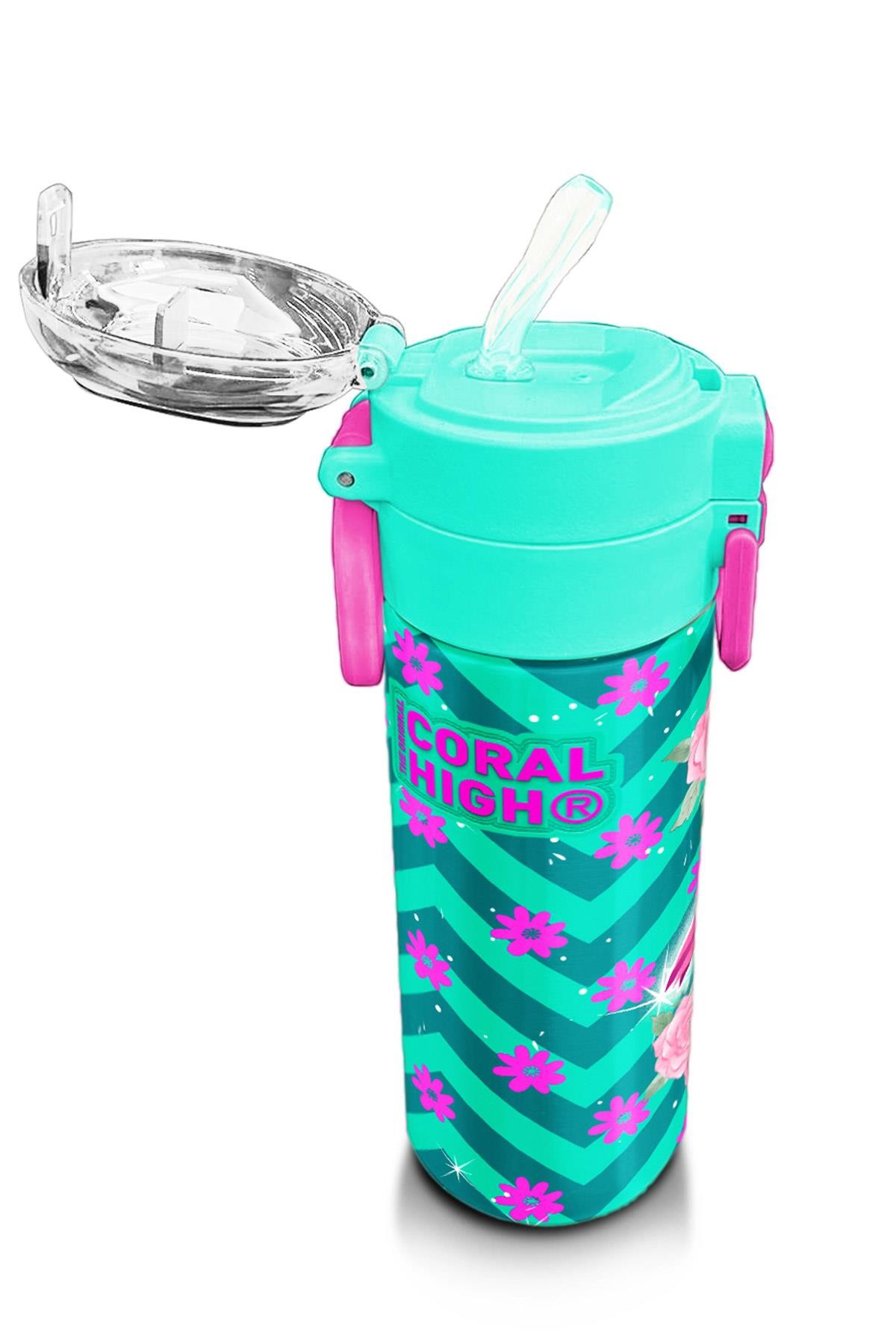 Coral High Kids Su Yeşili Pembe Flamingo Desenli Pipetli ve Direkt İçim Çelik Termos 500 ml 31820
