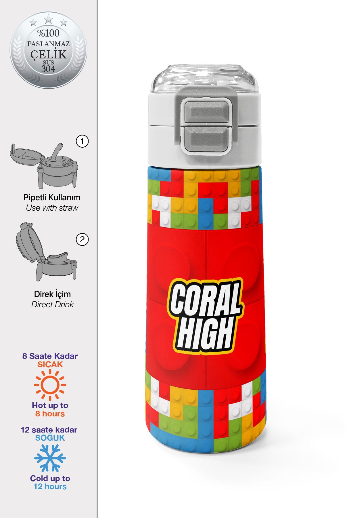 Coral High Kids Blok Desenli Pipetli ve Direkt İçim Çelik Termos 500 ml 31991