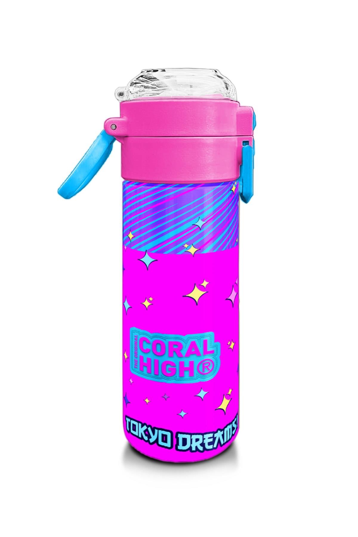 Coral High Kids Mor Pembe Mavi K-PopDesenli Pipetli ve Direkt İçim Çelik Termos 500 ml 31831