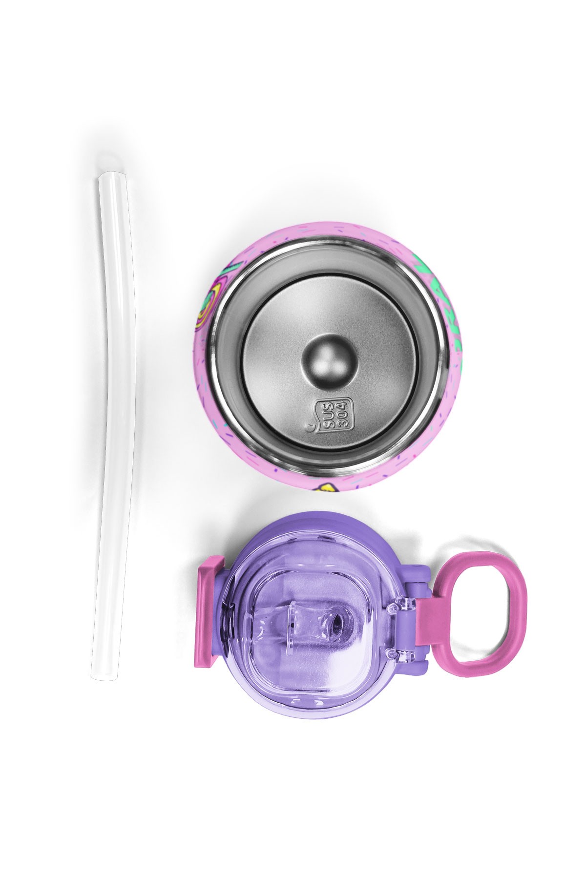 Coral High Kids Pembe Mor Milkshake Dondurma Desenli Pipetli ve Direkt İçim Çelik Termos 500 ml 31950