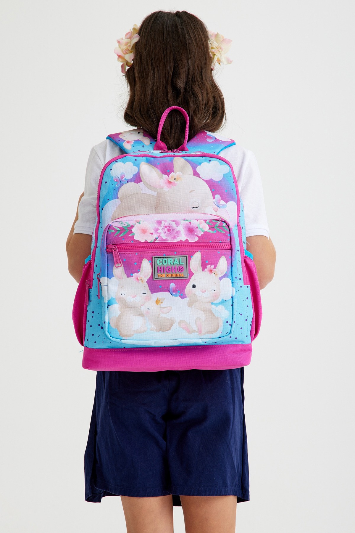 Coral High Kids Mavi Pembe Tavşan Desenli Dört Bölmeli Okul Sırt Çantası 23736