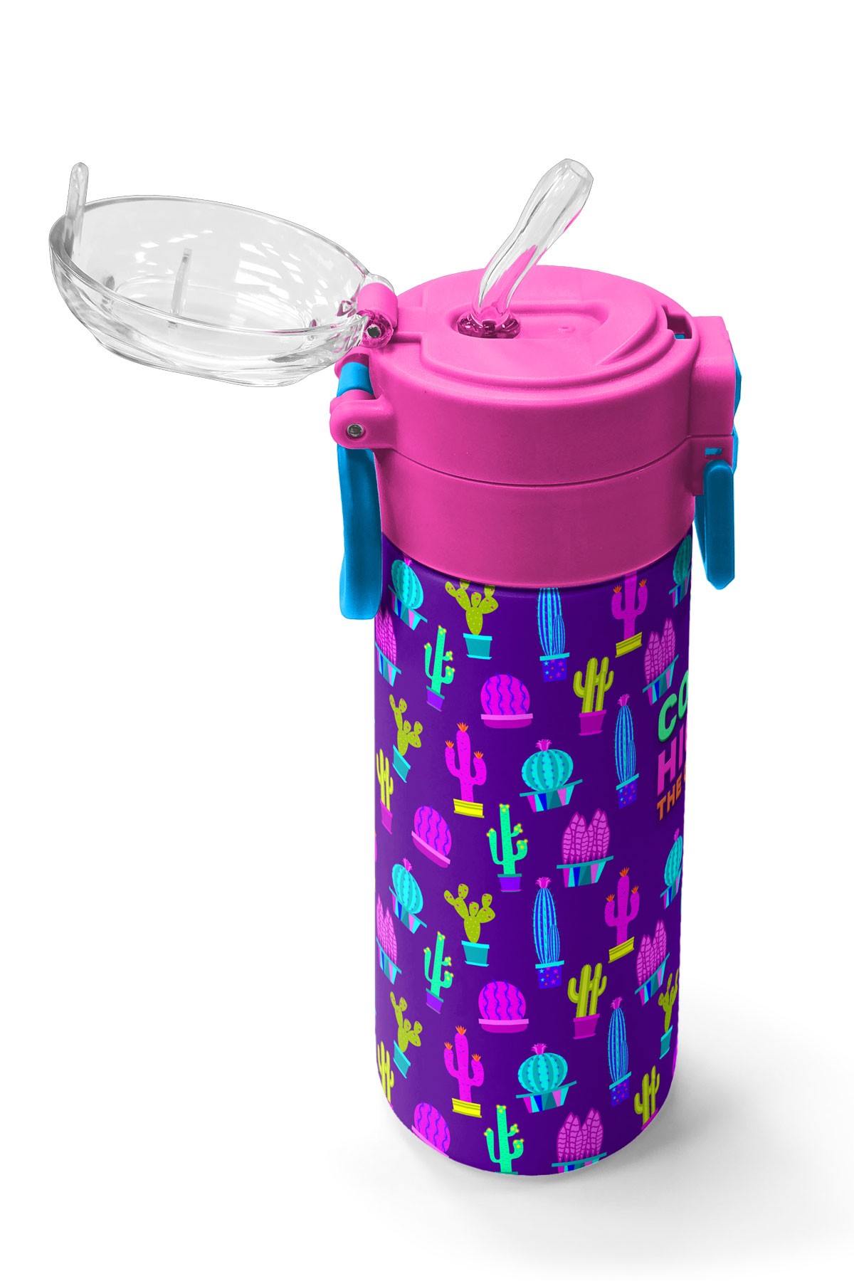 Coral High Kids Mor Pembe Kaktüs Desenli Pipetli ve Direkt İçim Çelik Termos 500 ml 31899