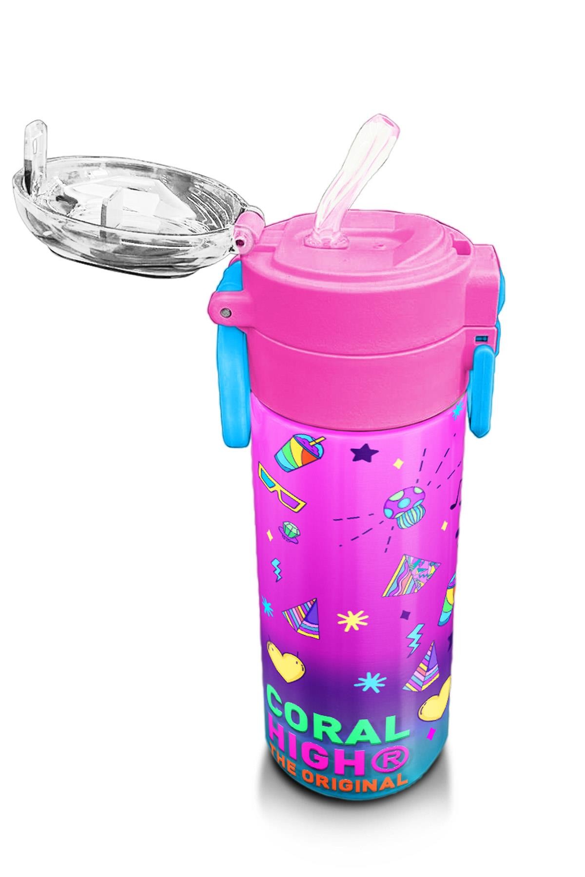 Coral High Kids Pembe Turkuaz Kulaklık Paten Desenli Pipetli ve Direkt İçim Çelik Termos 500 ml 31955