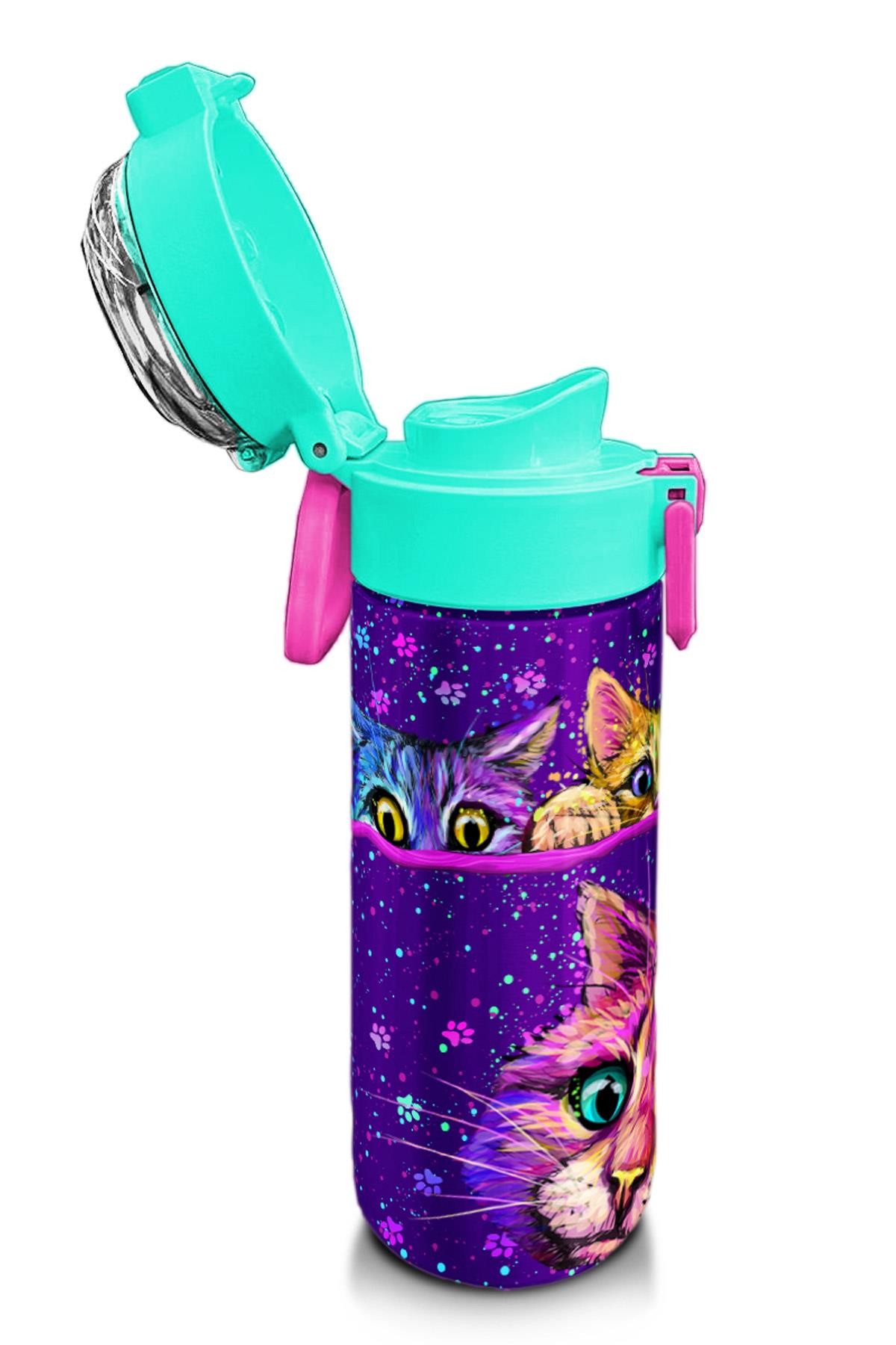 Coral High Kids Mor Pembe Kedi Desenli Pipetli ve Direkt İçim Çelik Termos 500 ml 31939