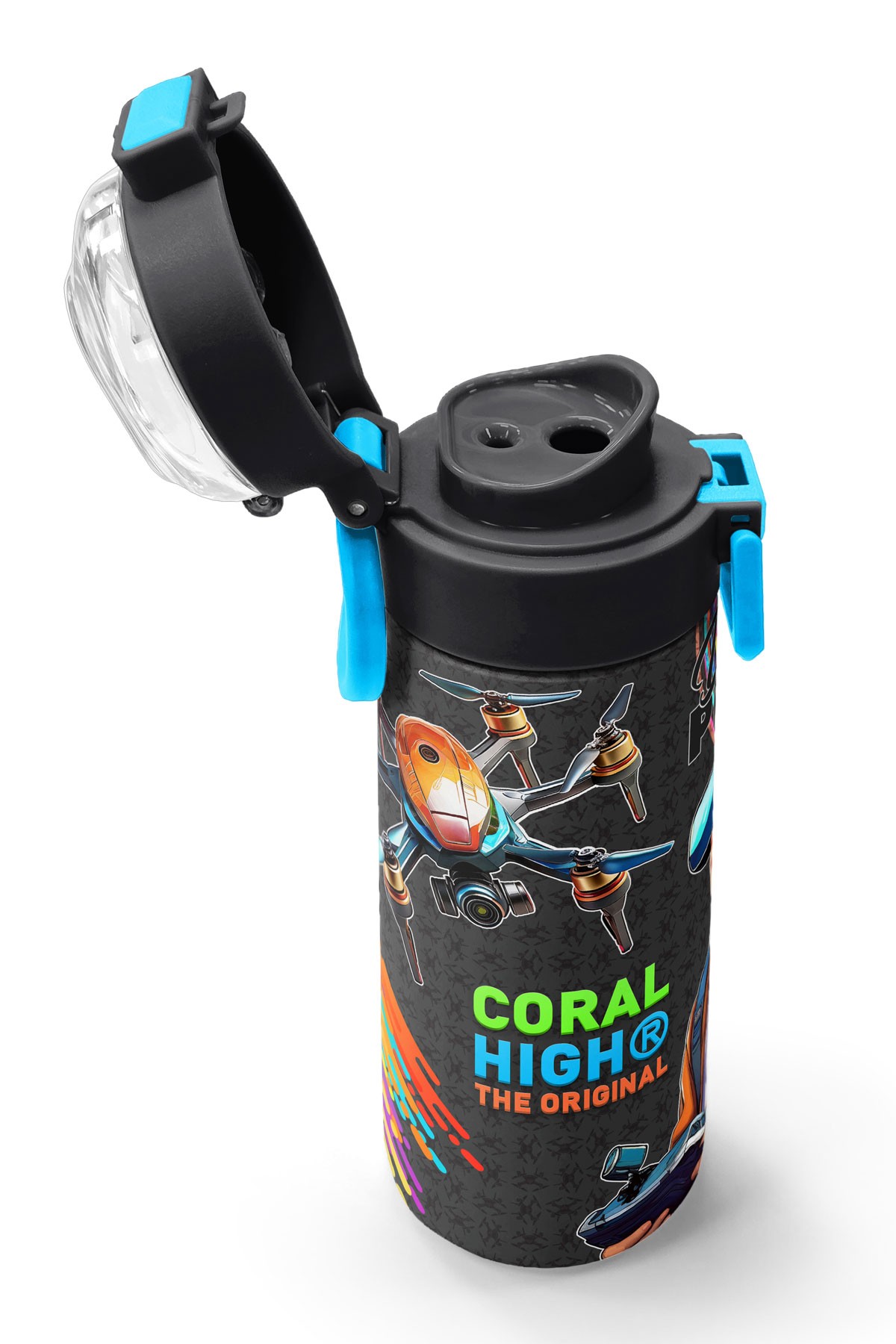 Coral High Kids Siyah Drone Pilot Desenli Pipetli ve Direkt İçim Çelik Termos 500 ml 31996