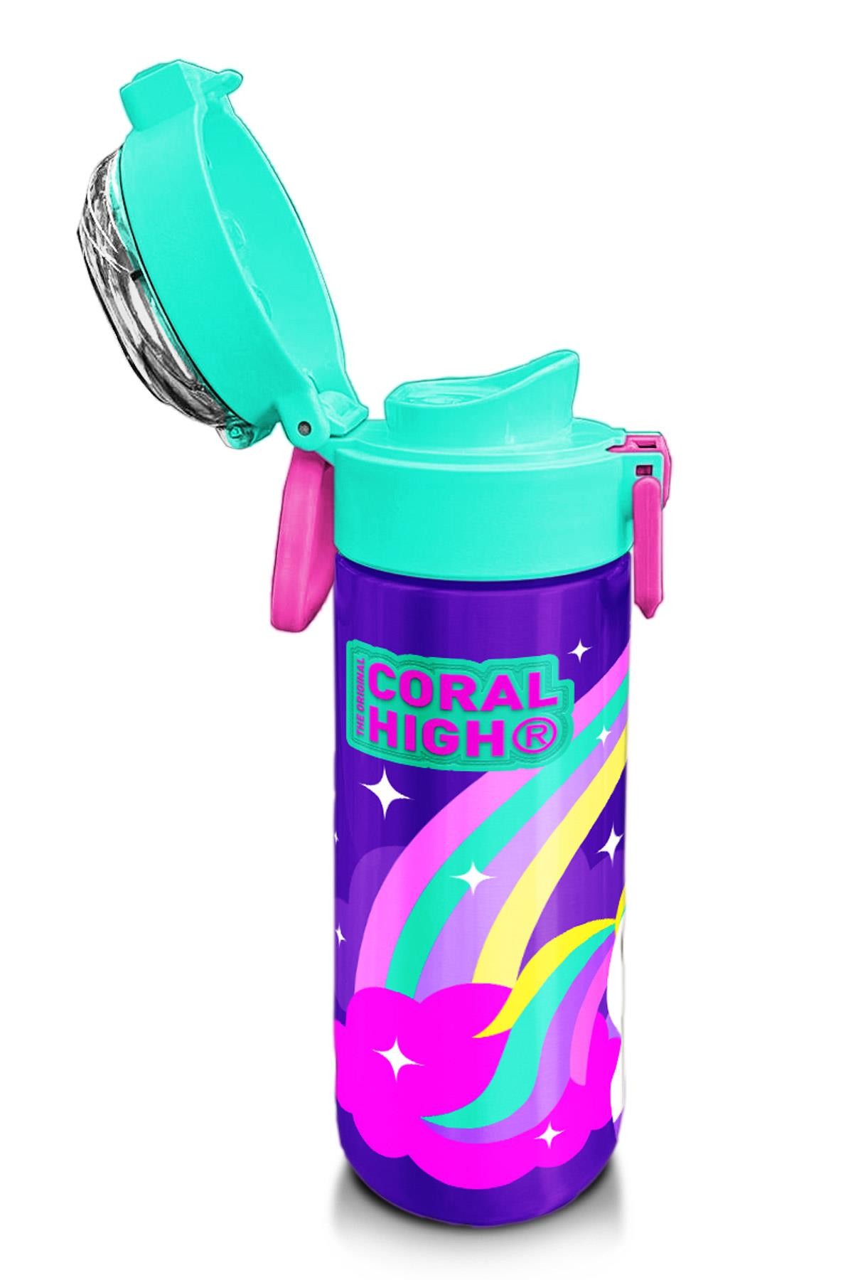 Coral High Kids Mor Su Yeşili Unicorn Desenli Pipetli ve Direkt İçim Çelik Termos 500 ml 31818