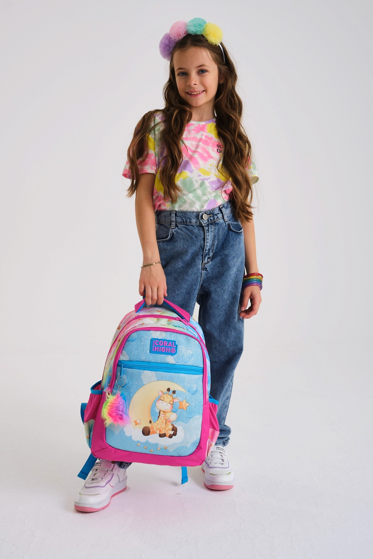 Coral High Kids Mavi Pembe Zürafa Desenli Üç Bölmeli Okul Sırt Çantası 23479