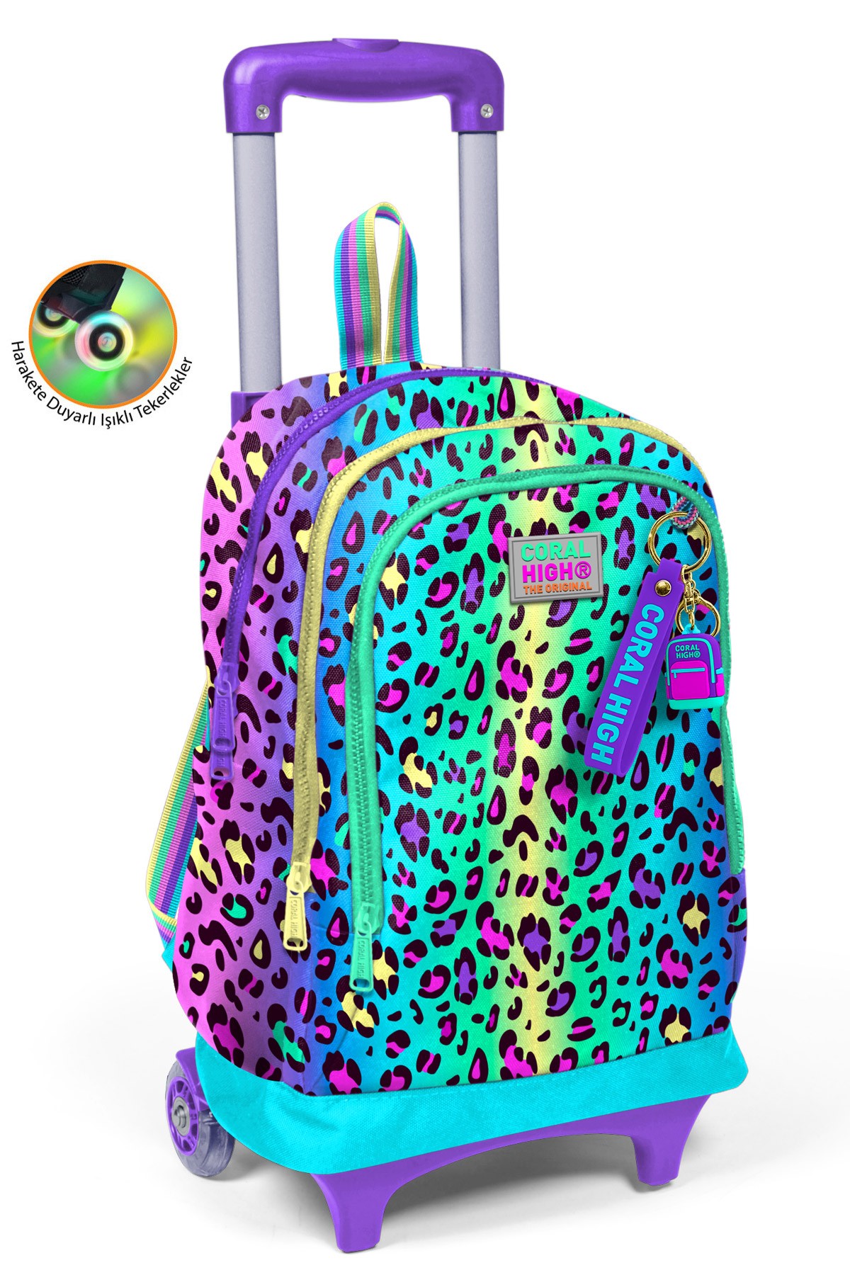 Coral High Kids Renkli Leopar Desenli Üç Bölmeli Çekçekli Okul Sırt Çantası 23969