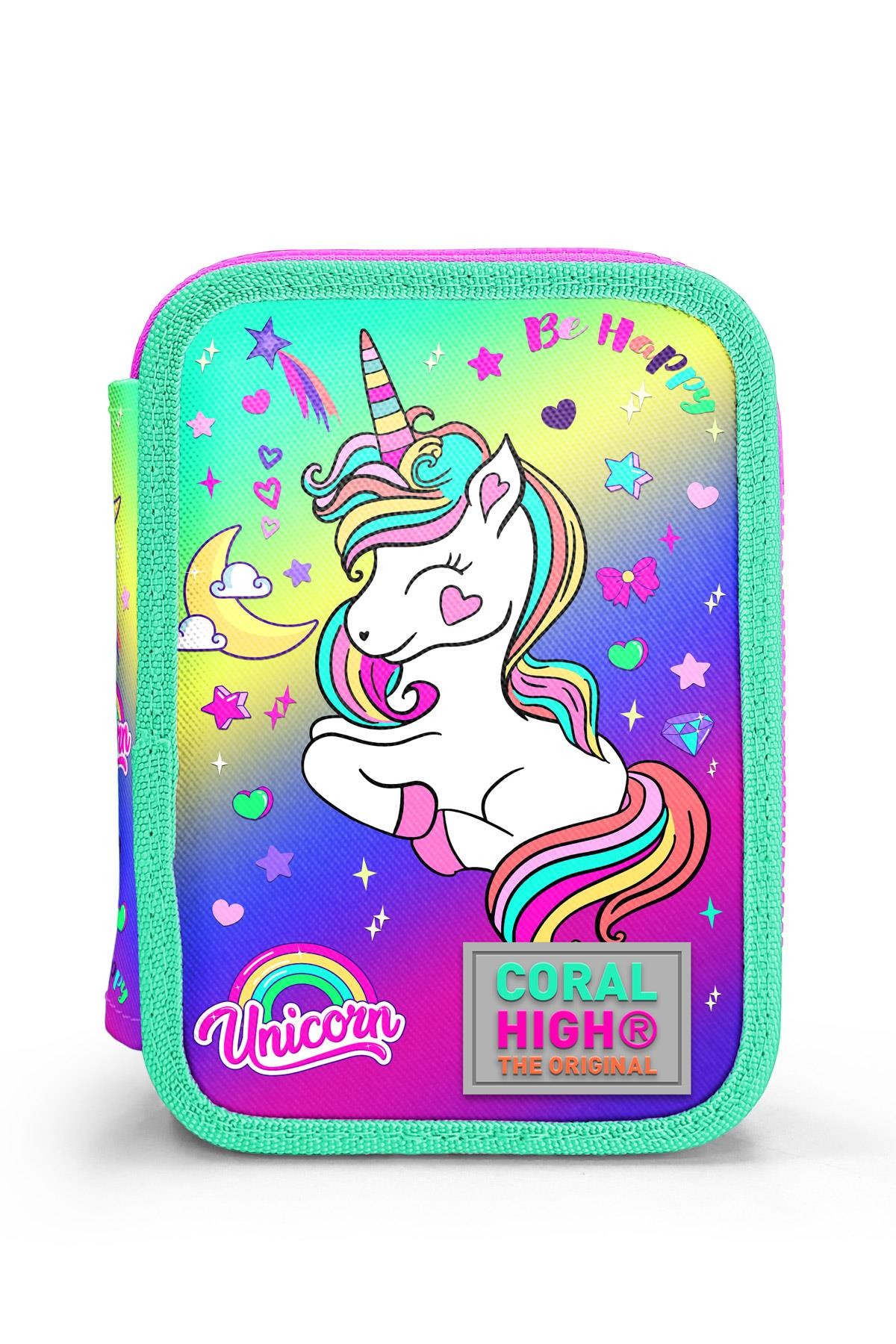 Coral High Kids Lavanta Su Yeşili Unicorn Desenli Çift Katlı Kalem Çanta 11129