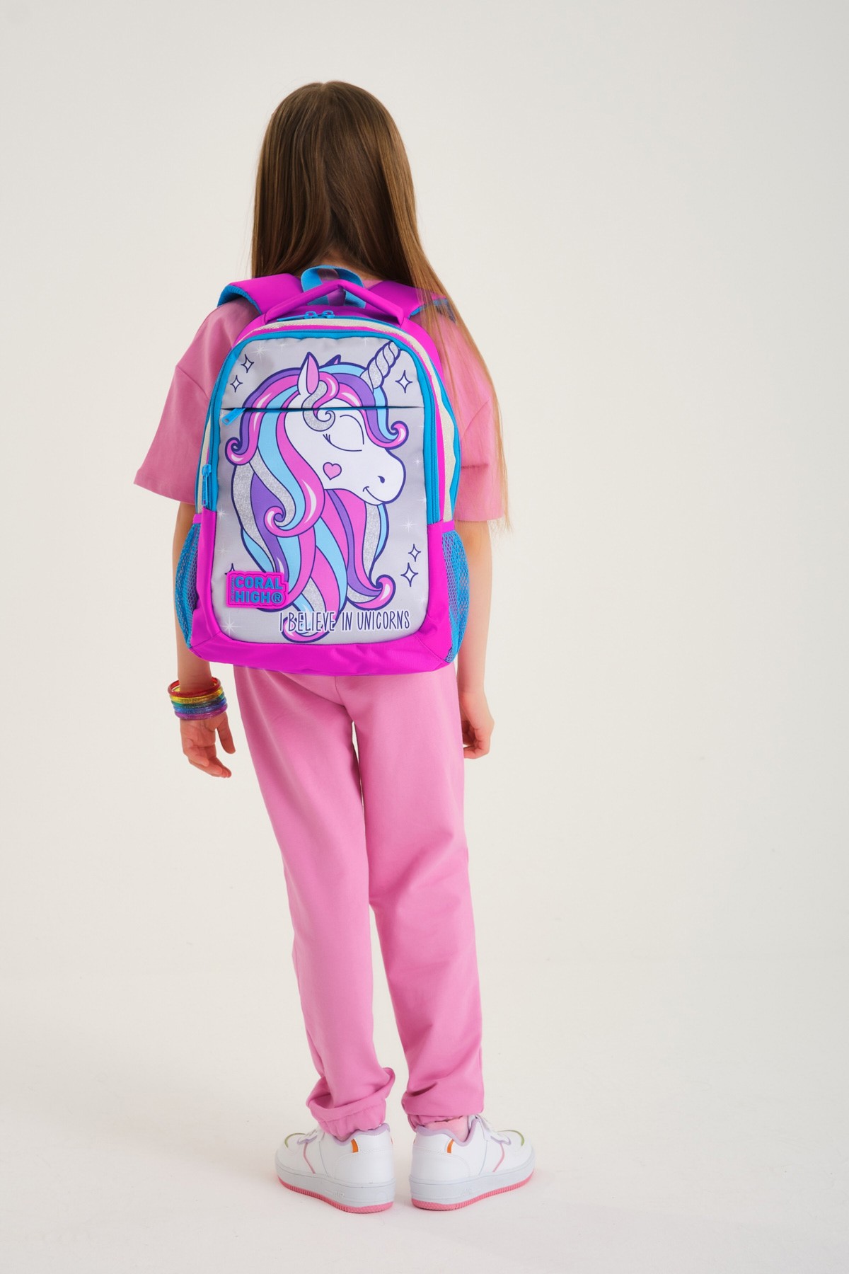 Coral High Kids Pembe Gümüş Simli Unicorn Desenli Üç Bölmeli  Okul Sırt Çantası 14383