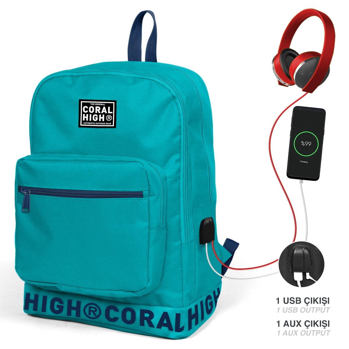 Coral High Turkuaz Nakış Logolu Dört Bölmeli  USB Şarjlı Kulaklık Çıkışlı Sırt Çantası 24110