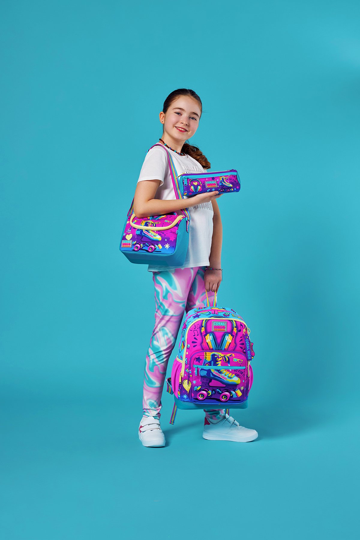 Coral High Kids Pembe Turkuaz Kulaklık Paten Desenli 3’lü Okul Çanta Seti SET0123754