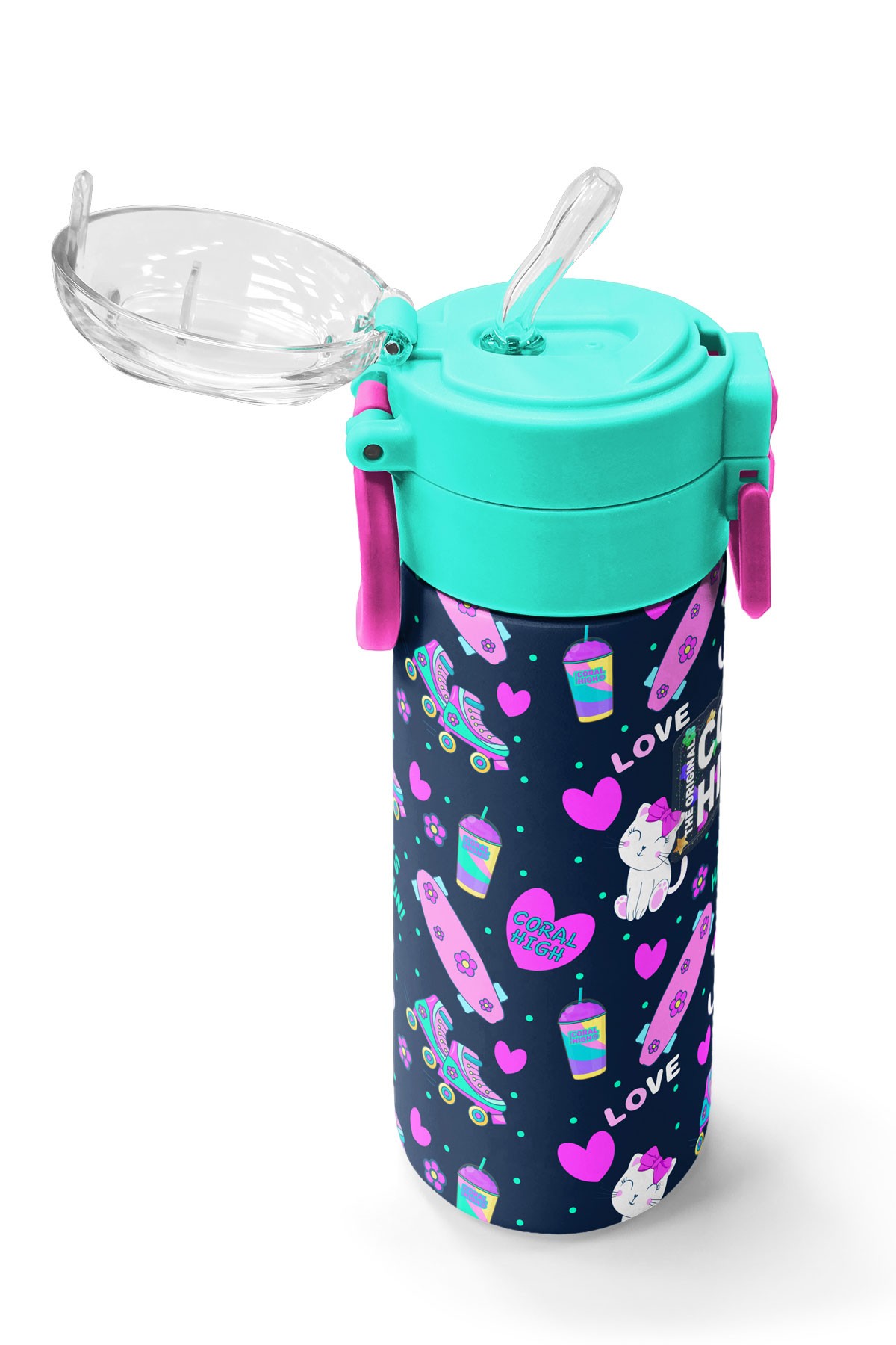 Coral High Kids Lacivert Pembe Kedili Paten Desenli Pipetli ve Direkt İçim Çelik Termos 500 ml 31983