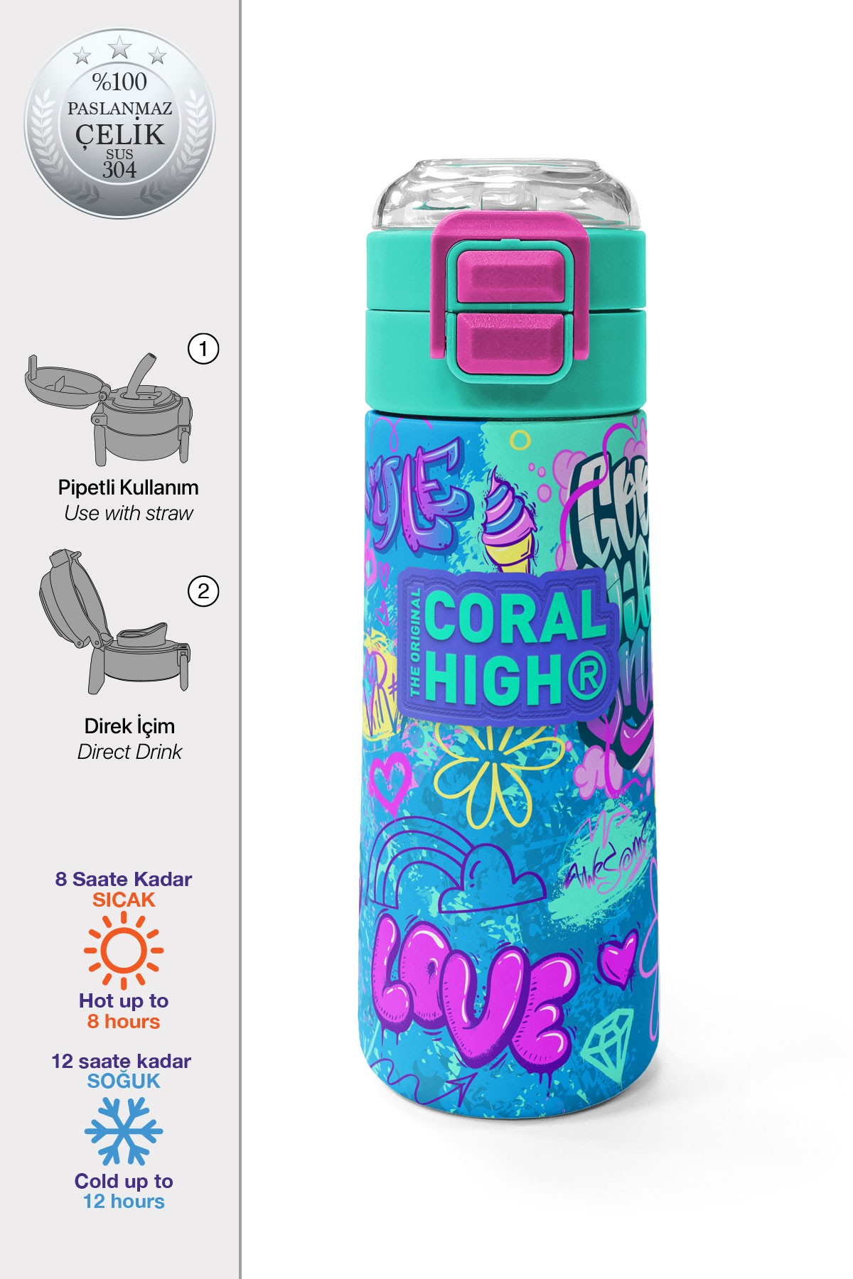 Coral High Kids Lavanta Su Yeşili Grafiti Desenli Pipetli ve Direkt İçim Çelik Termos 500 ml 31971