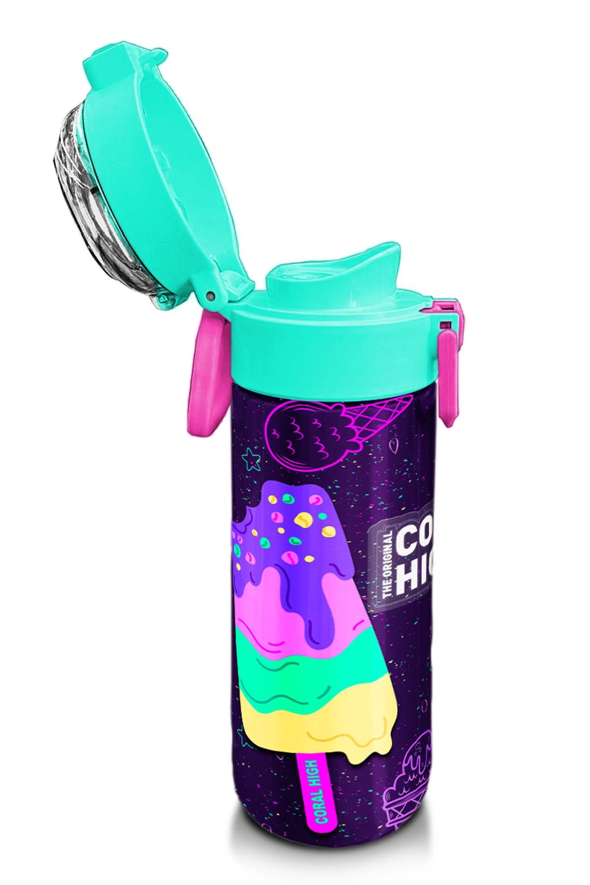 Coral High Kids Mor Pembe Dondurma Desenli Pipetli ve Direkt İçim Çelik Termos 500 ml 31980