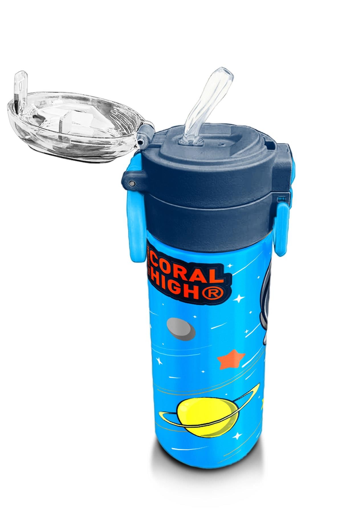 Coral High Kids Lacivert Mavi Astronot Desenli Pipetli ve Direkt İçim Çelik Termos 500 ml 31804