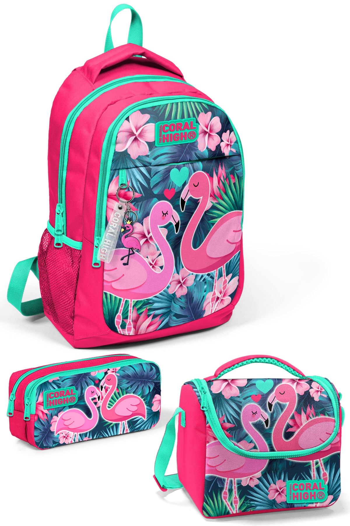 Coral High Kids Neon Mercan Su Yeşili Flamingo Desenli 3’lü Okul Çanta Seti SET0114377