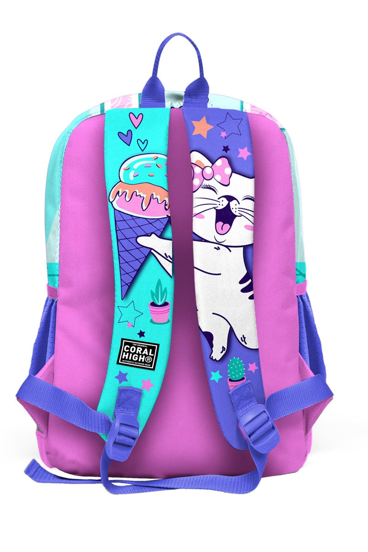 Coral High Kids Turkuaz Pembe Dondurmalı Kedi Desenli 3’lü Okul Çanta Seti SET0123751