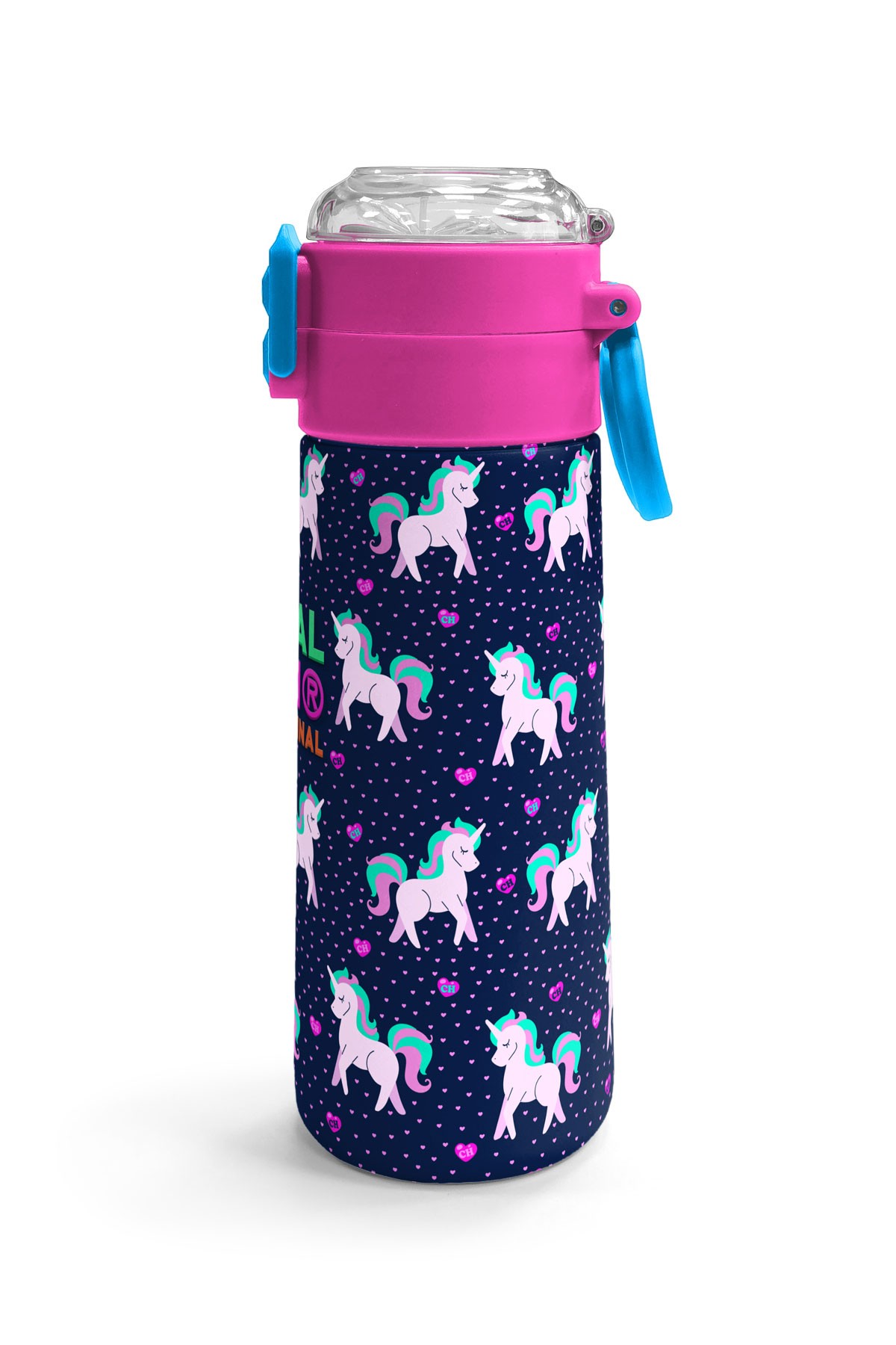 Coral High Kids Lacivert Pembe Unicorn Desenli Pipetli ve Direkt İçim Çelik Termos 500 ml 31915
