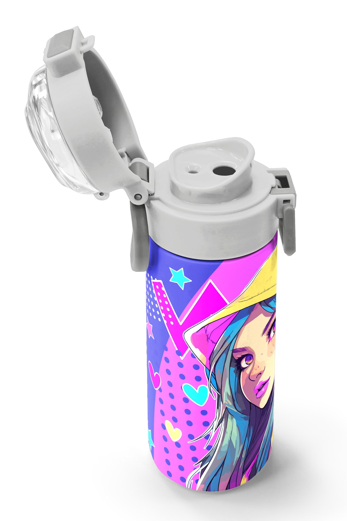 Coral High Kids Lavanta Turkuaz Kulaklı Kız Desenli Pipetli ve Direkt İçim Çelik Termos 500 ml 31835
