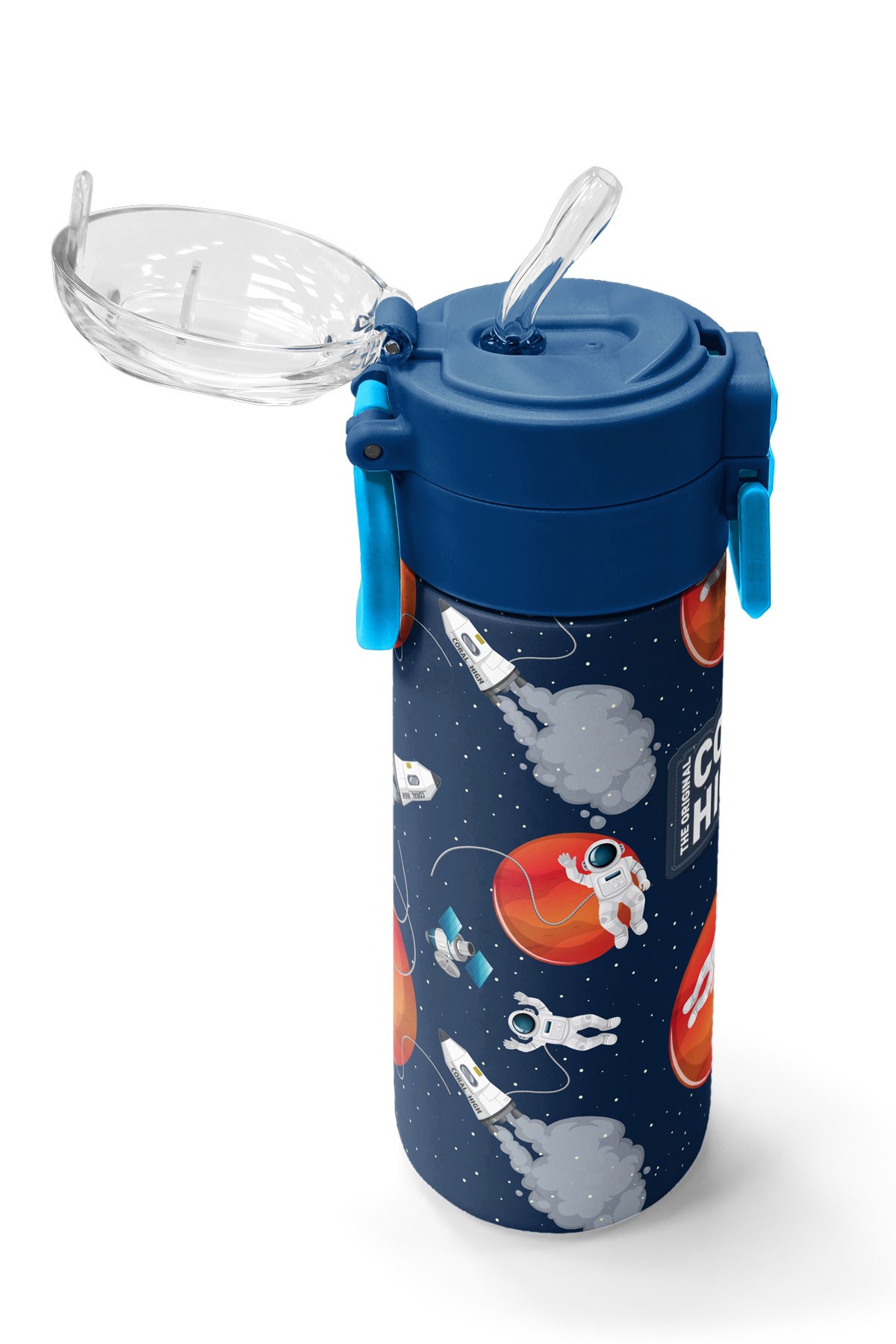 Coral High Kids Lacivert Mavi Astronot Desenli Pipetli ve Direkt İçim Çelik Termos 500 ml 31999