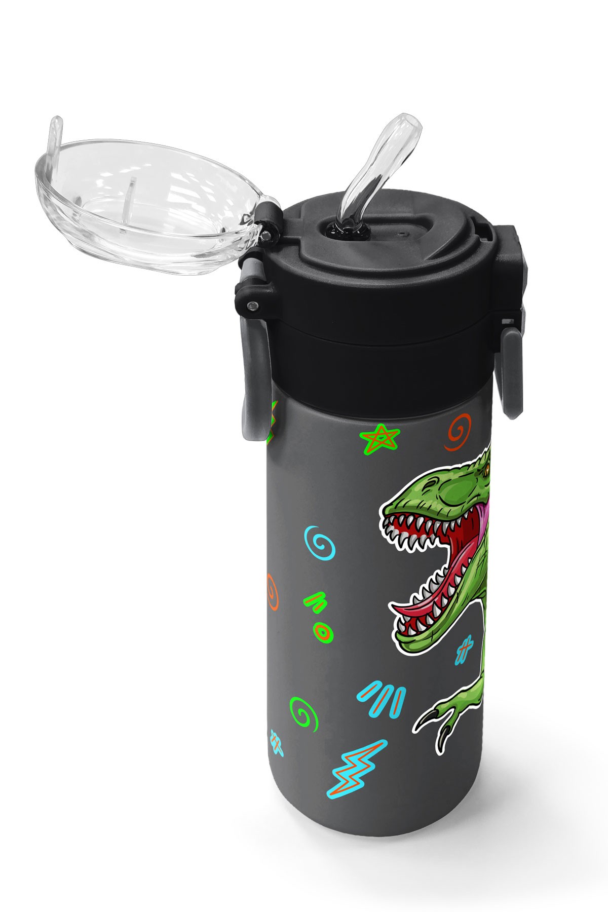 Coral High Kids Siyah Gri Dinozor Desenli Pipetli ve Direkt İçim Çelik Termos 500 ml 31946