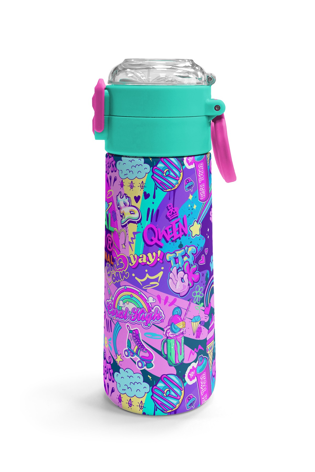 Coral High Kids Pembe Mor Voleybol Desenli Pipetli ve Direkt İçim Çelik Termos 500 ml 31962