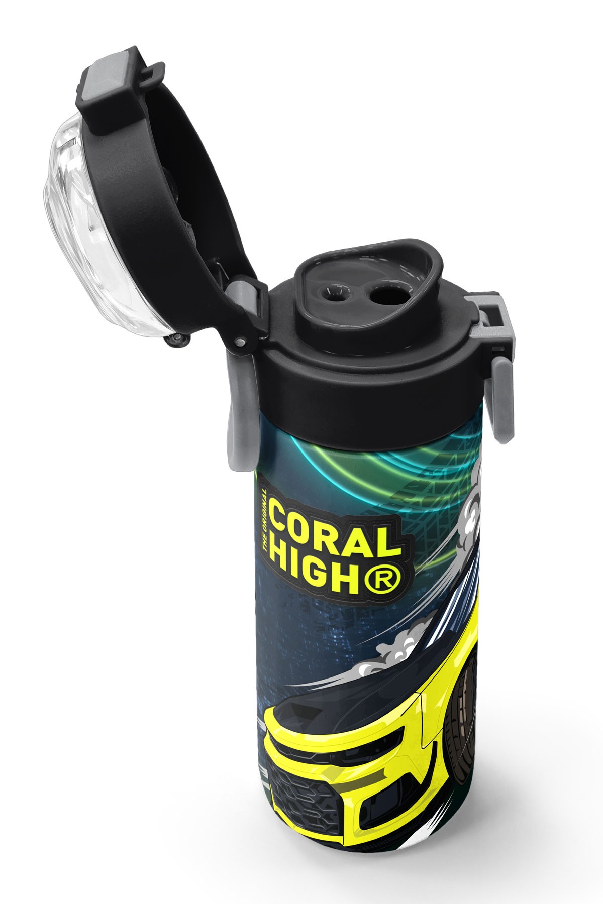 Coral High Kids Nefti Fosforlu Sarı Araba Desenli Pipetli ve Direkt İçim Çelik Termos 500 ml 31834