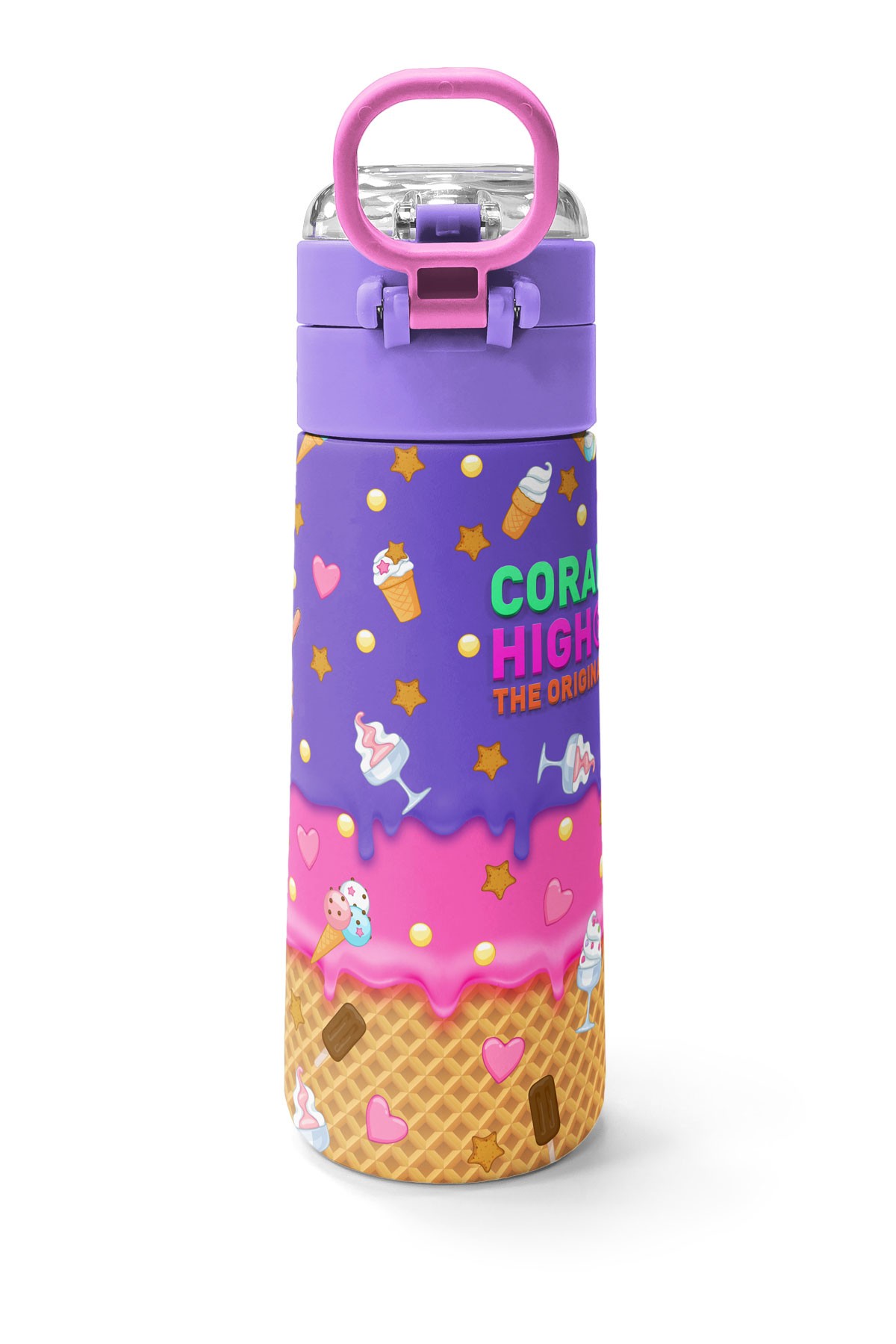 Coral High Kids Pembe Turkuaz K-Pop Desenli Pipetli ve Direkt İçim Çelik Termos 500 ml 31989