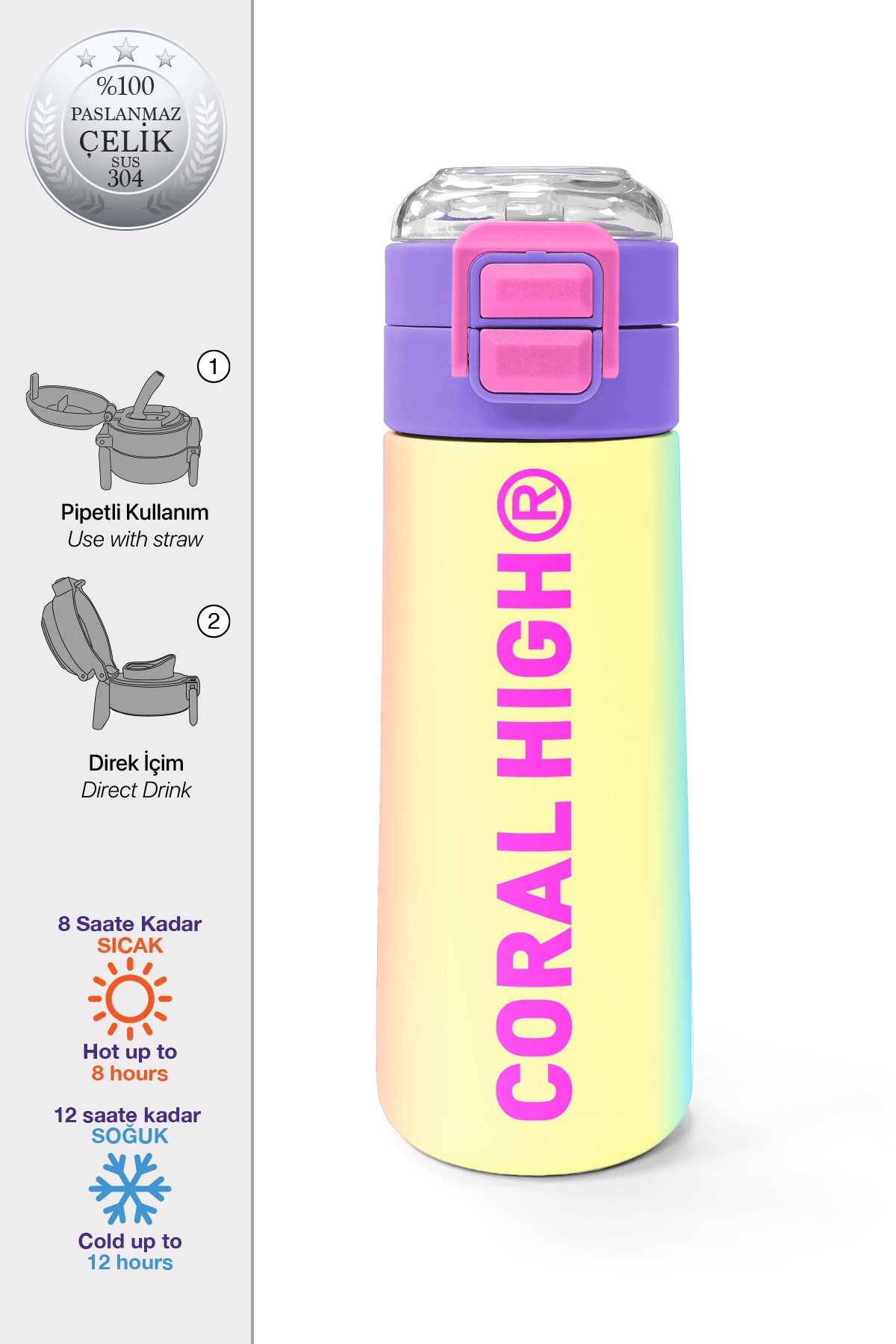 Coral High Kids Renk Geçişli Pipetli ve Direkt İçim Çelik Termos 500 ml 31868