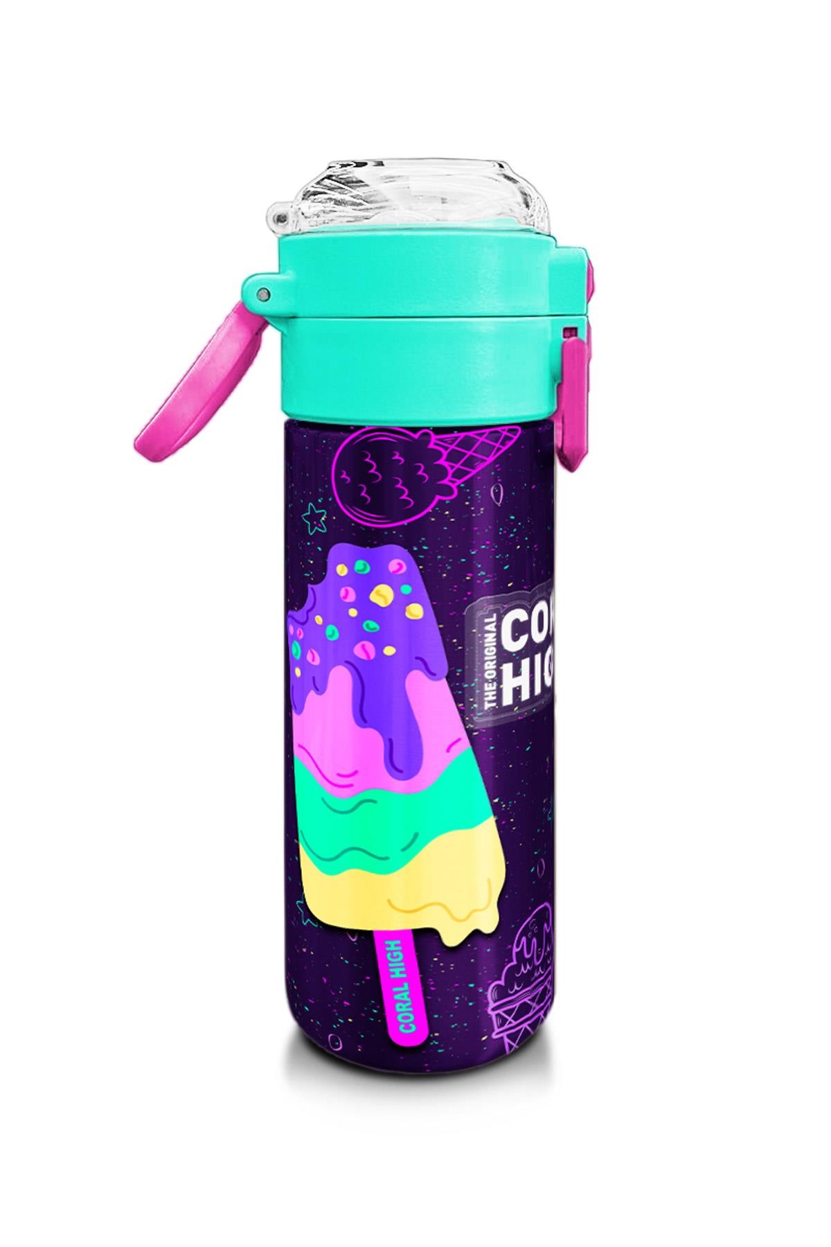 Coral High Kids Mor Pembe Dondurma Desenli Pipetli ve Direkt İçim Çelik Termos 500 ml 31980