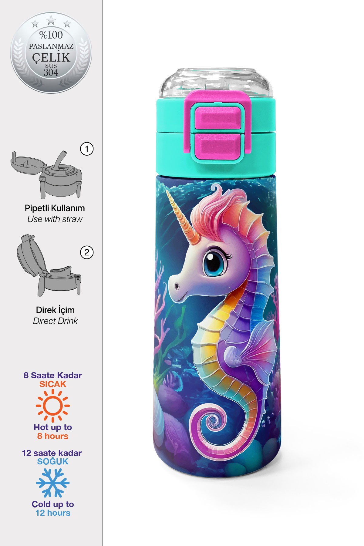 Coral High Kids Denizatı Desenli Pipetli ve Direkt İçim Çelik Termos 500 ml 31988